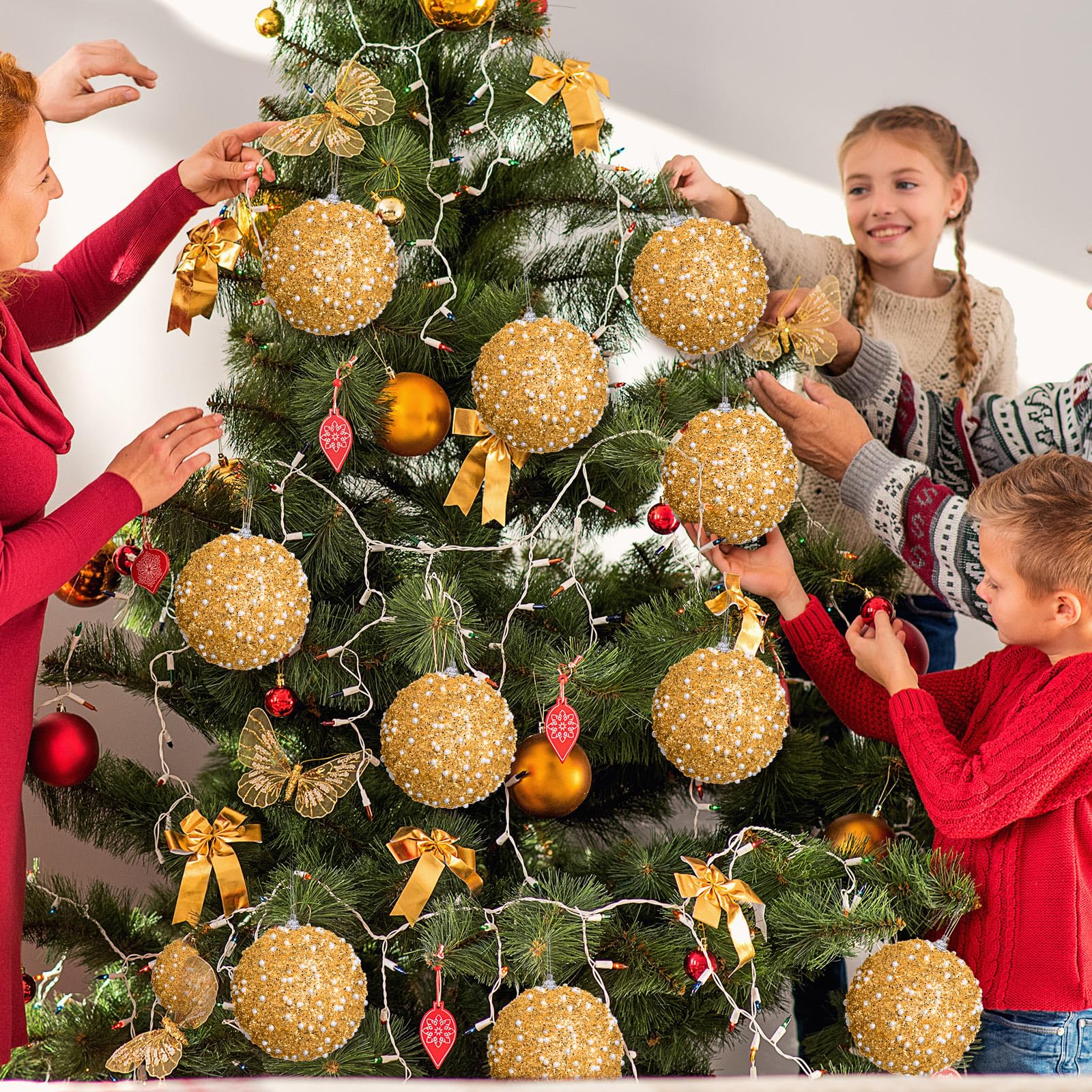 Lyrow Juego de 24 adornos de bolas de Navidad con purpurina de 4 pulgadas, bolas de Navidad a granel, adorno colgante de espuma de lentejuelas para árbol del hogar, boda, decoración de fiesta de