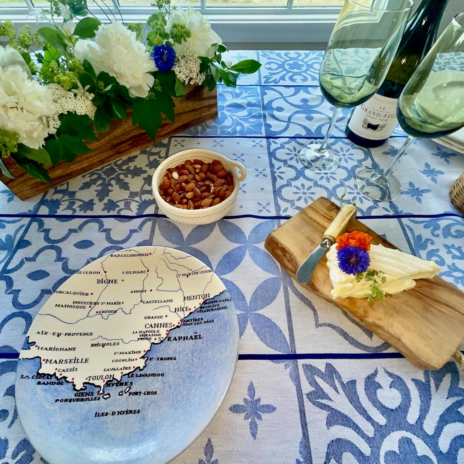 Amelie Michel Luxury French Cotton Jacquard Tablecloth in Carces, Blue & White | Stain Resistant, Easy-Care, Machine Washable Fabric Made in France [70" x 78" Rectangle]