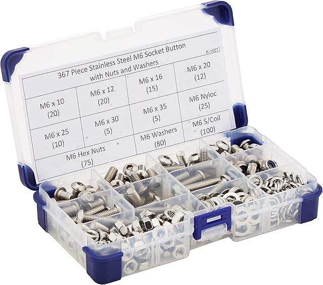 AHC K-10017 367Pc Socket Button Head Setscrews A2 Stainless Steel with Washers and Nuts M6 6MM