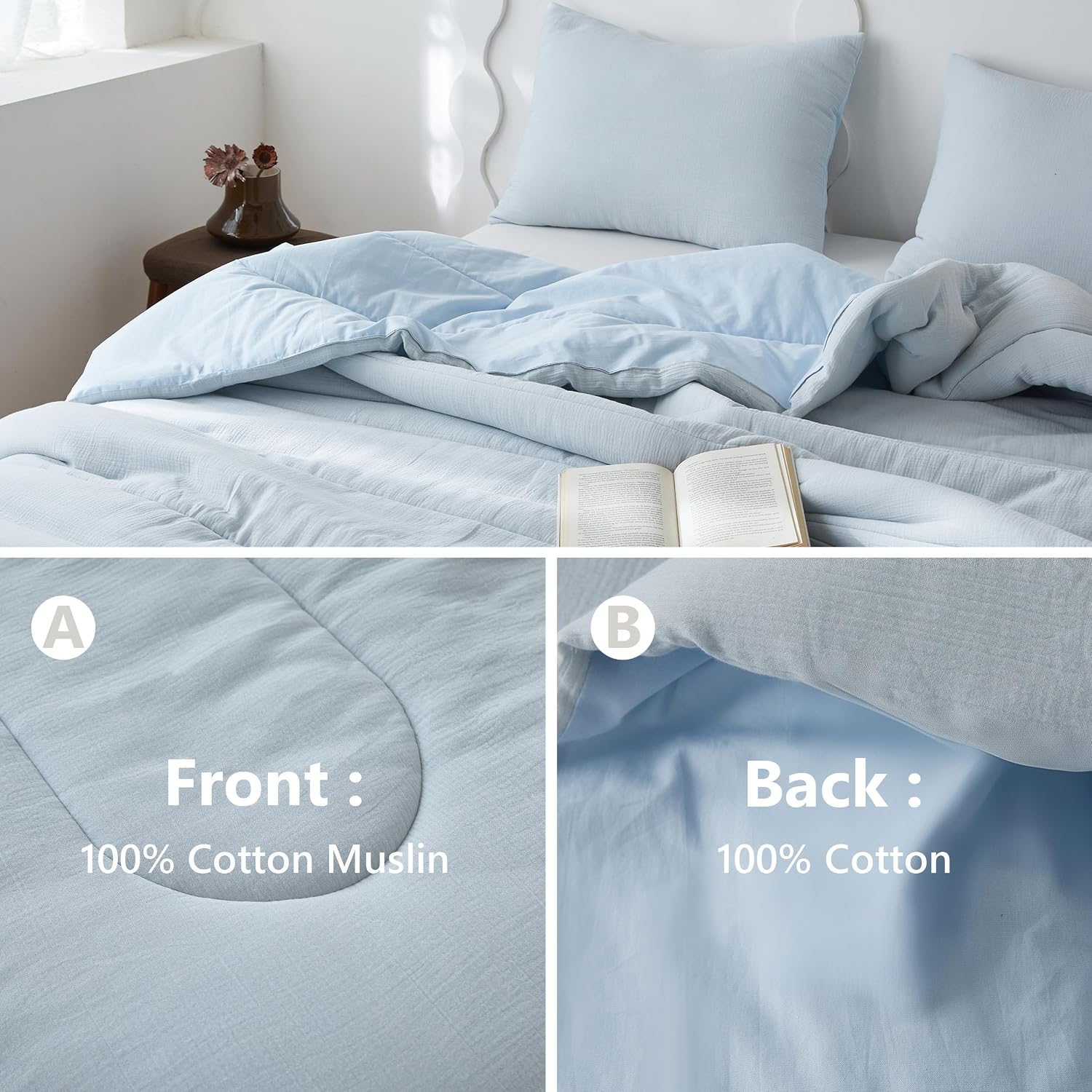 Simple&Opulence 100% Cotton Muslin Comforter Set Twin Size, 2PCS Washed Cotton Gauze Comforter, Soft Lightweight All Seasons Bedding Sets with 1 Pillow Sham(Light Blue,Twin)