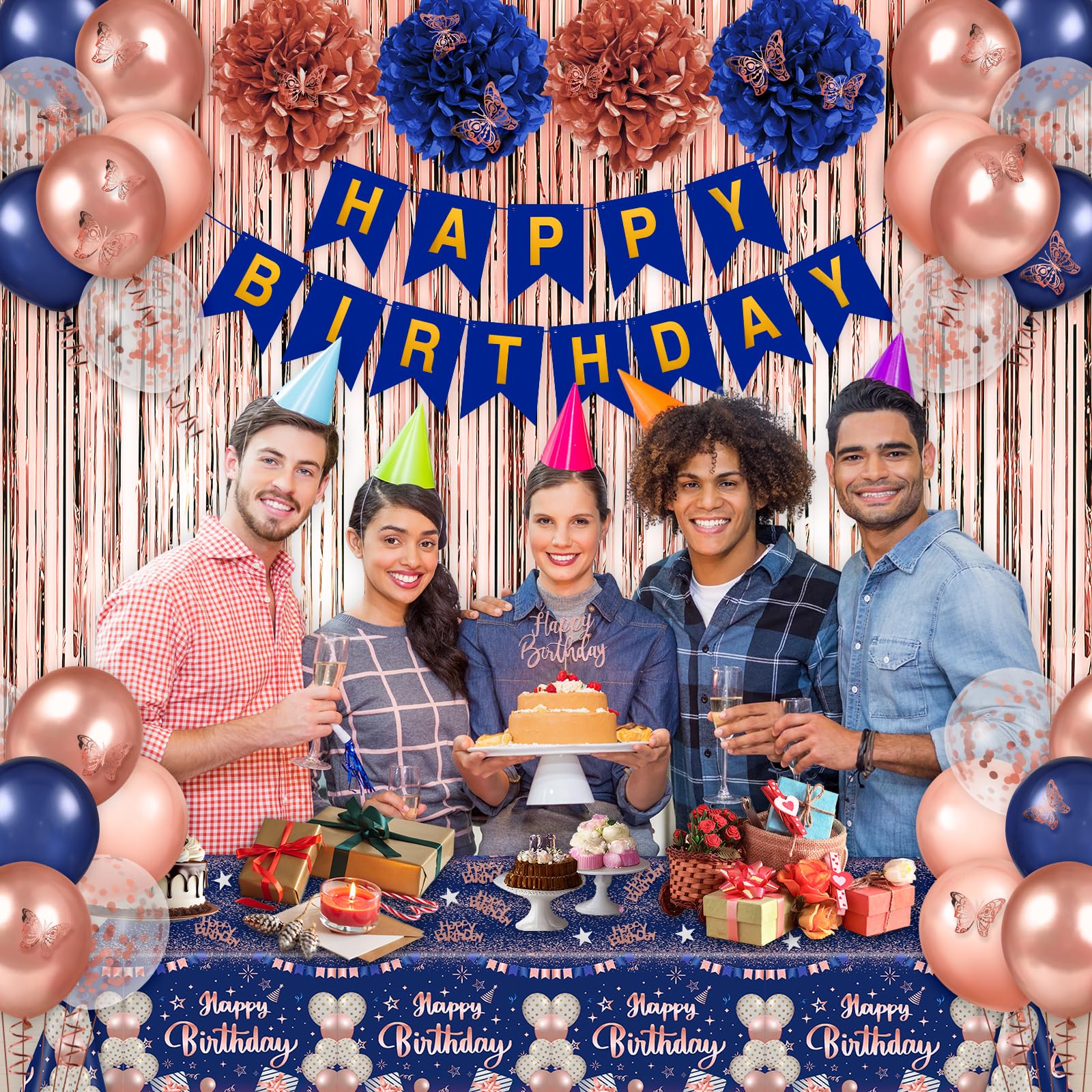 Ensemble De Décorations De Fête D'anniversaire Bleu Marine Or Rose Avec Bannière « Happy Birthday », Pompons En Papier De Soie Et Guirlande à Pompons