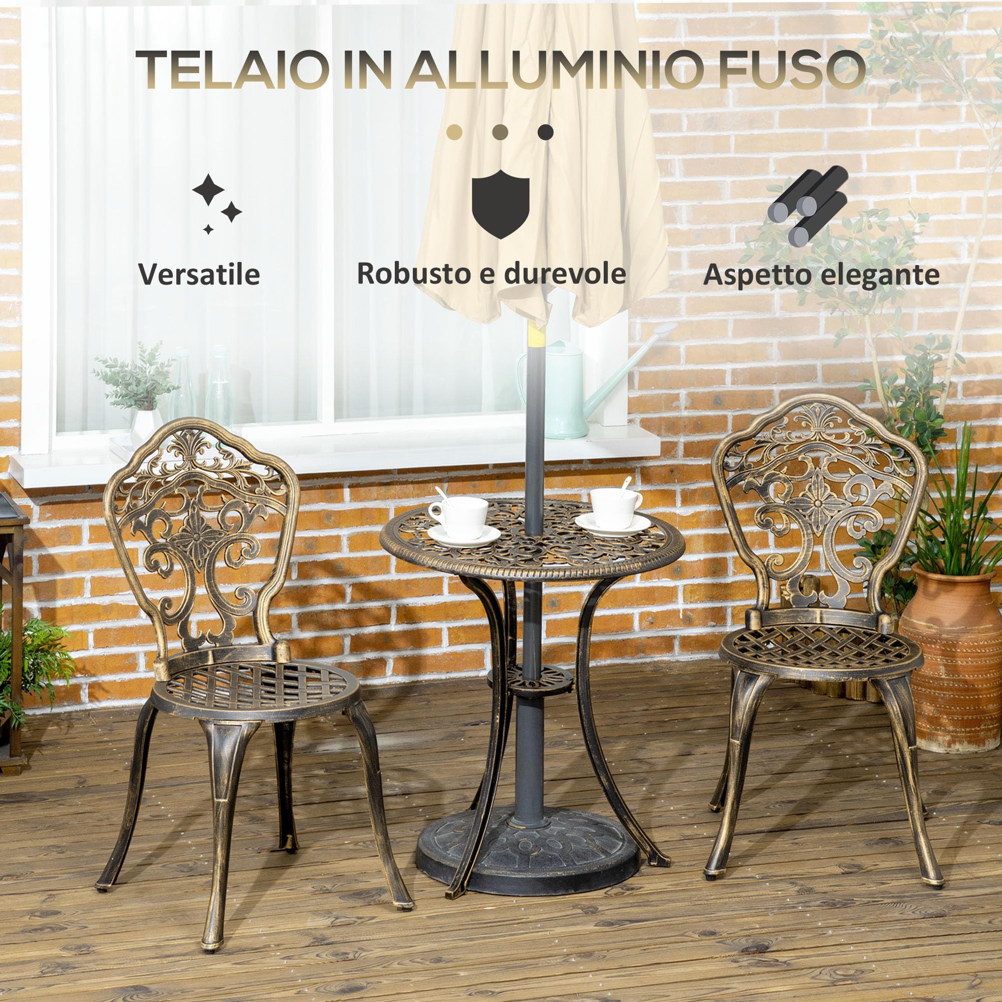 Outsunny Set Bistrò da Giardino 3 Pezzi con Foro per Ombrellone Bronzo | 2 Sedie da Giardino e Tavolino Rotondo, Set Tavolo e Sedie in Alluminio, per Patio Cortile Esterno