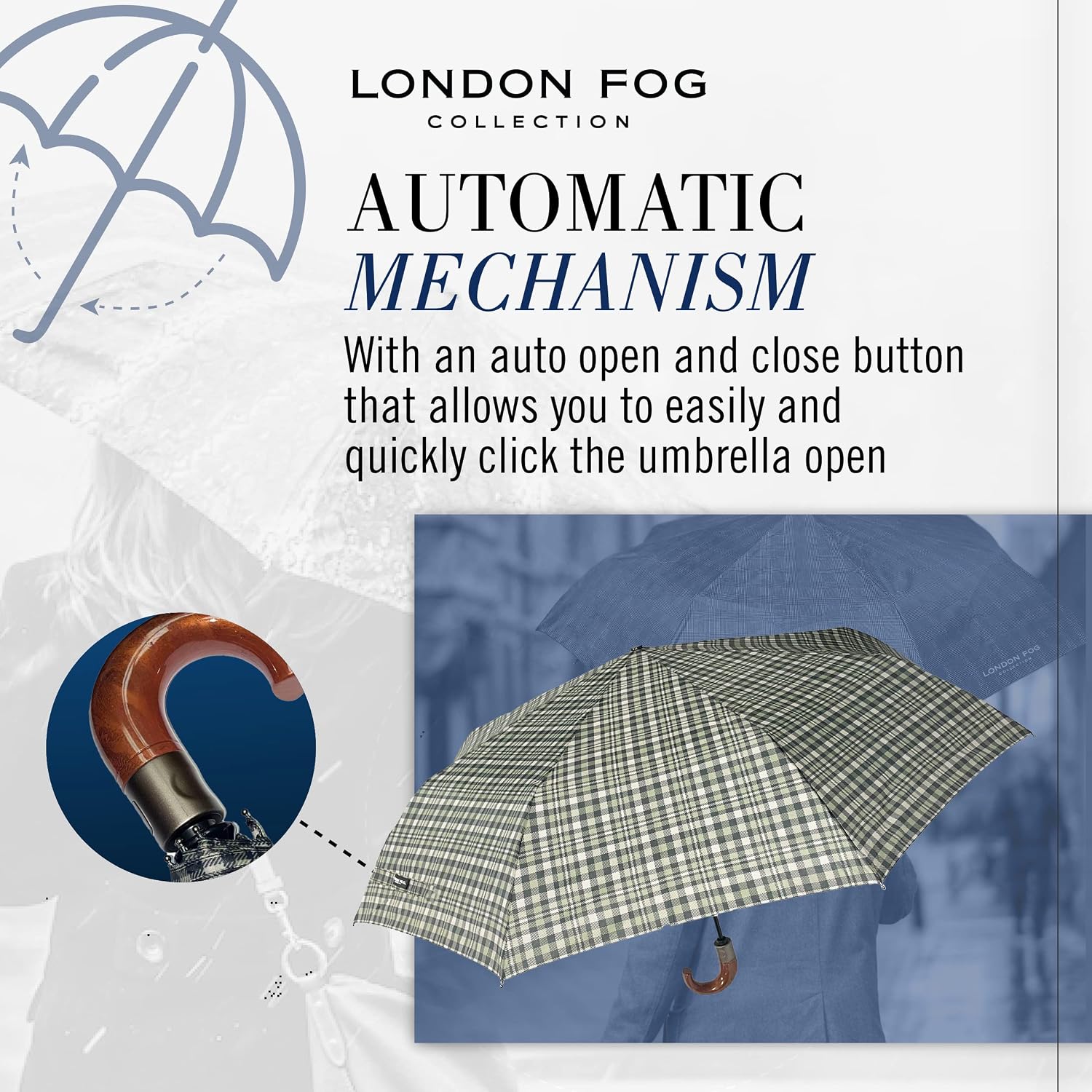 LONDON FOG Rain Umbrella, Automatic Folding Umbrella, Windproof, Lightweight and Packable for Travel, Full 42/44 Inch Arc