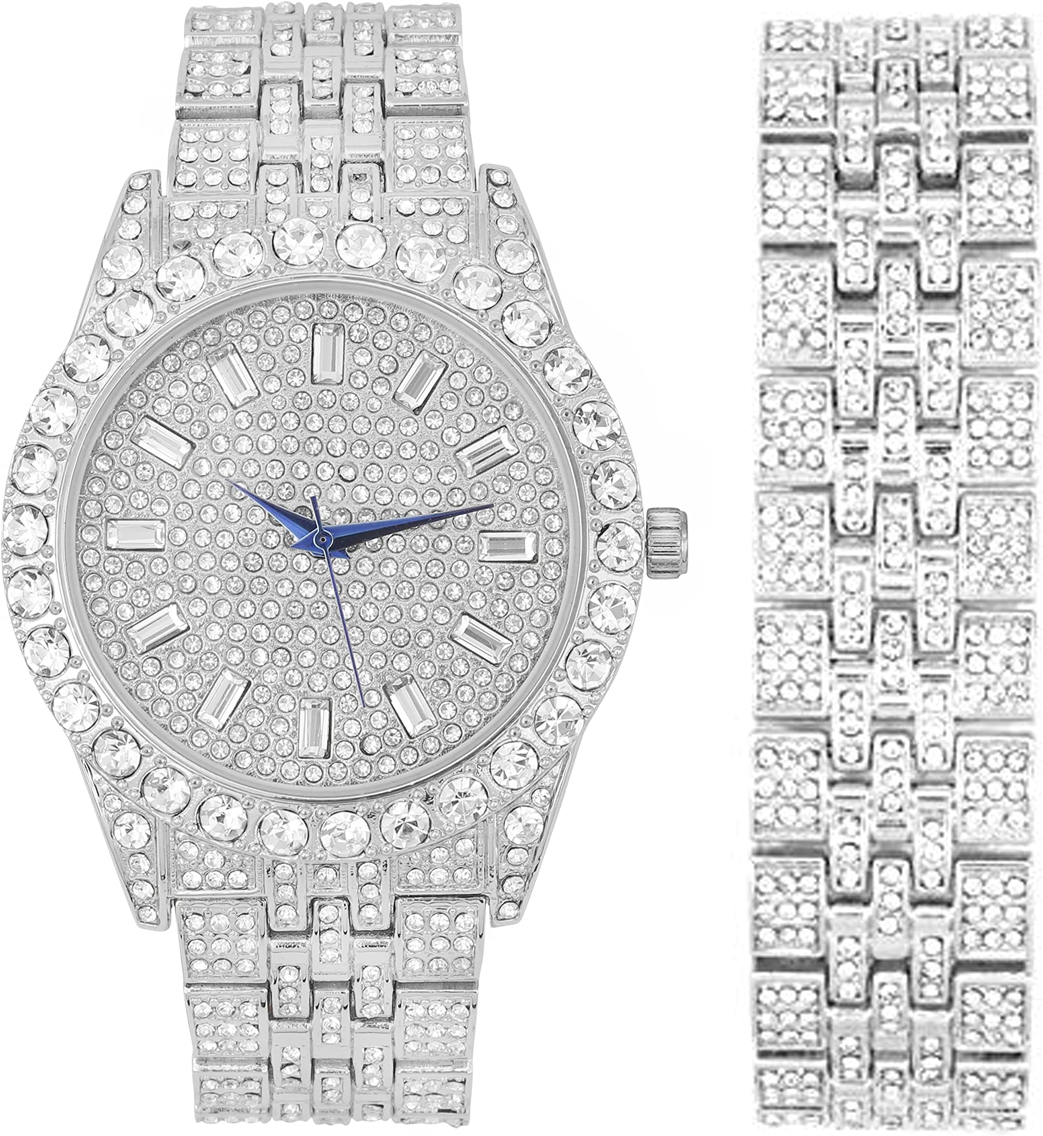 Charles RaymondMens Watch w/Matching Iced Out Bracelet Rolly Hip Hop White Gold Tone Look - Big Rhinestones on Trim and Elegant Baquette Time Indicators on Dial - Master Bling Designer - ST10226B Silver