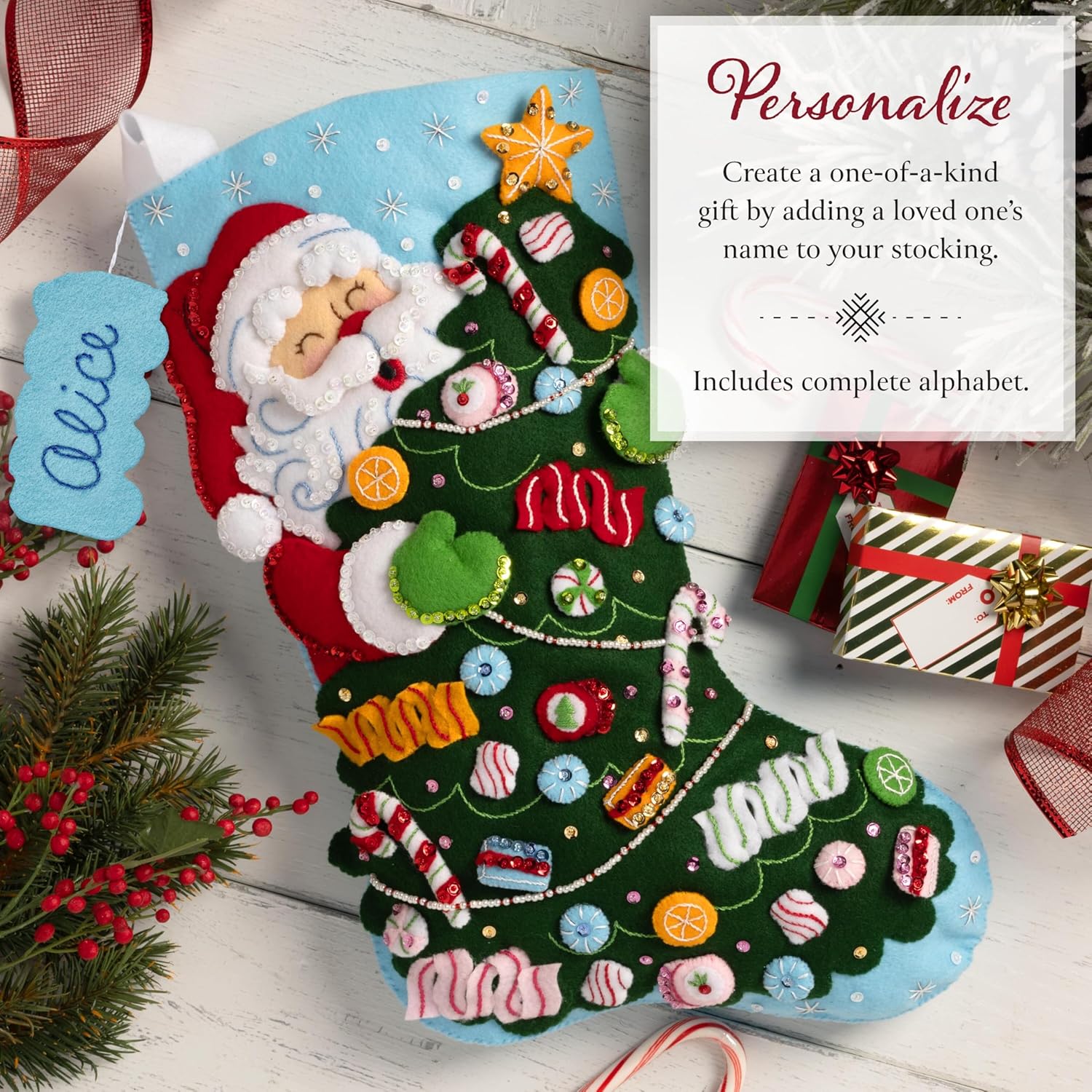 Bucilla Felt Applique 18" Stocking Making Kit, Santa's Candy Christmas, Perfect for DIY Arts and Crafts