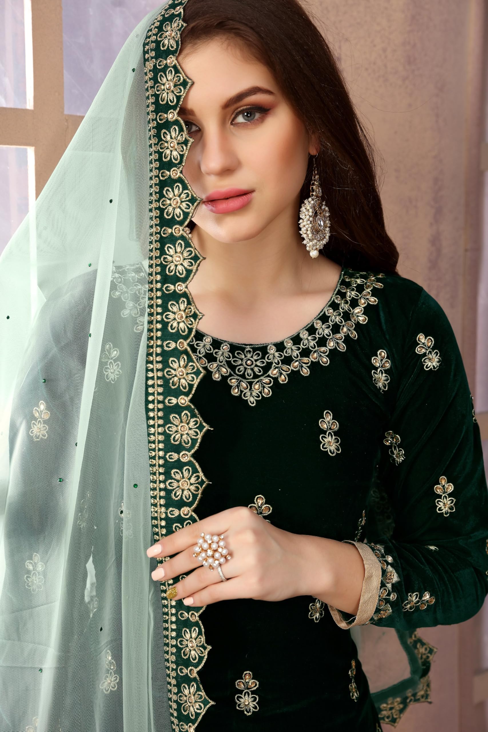 Emerald Velvet Designer Patiala Salwar Kameez with Embroidered Dupatta for Celebrations