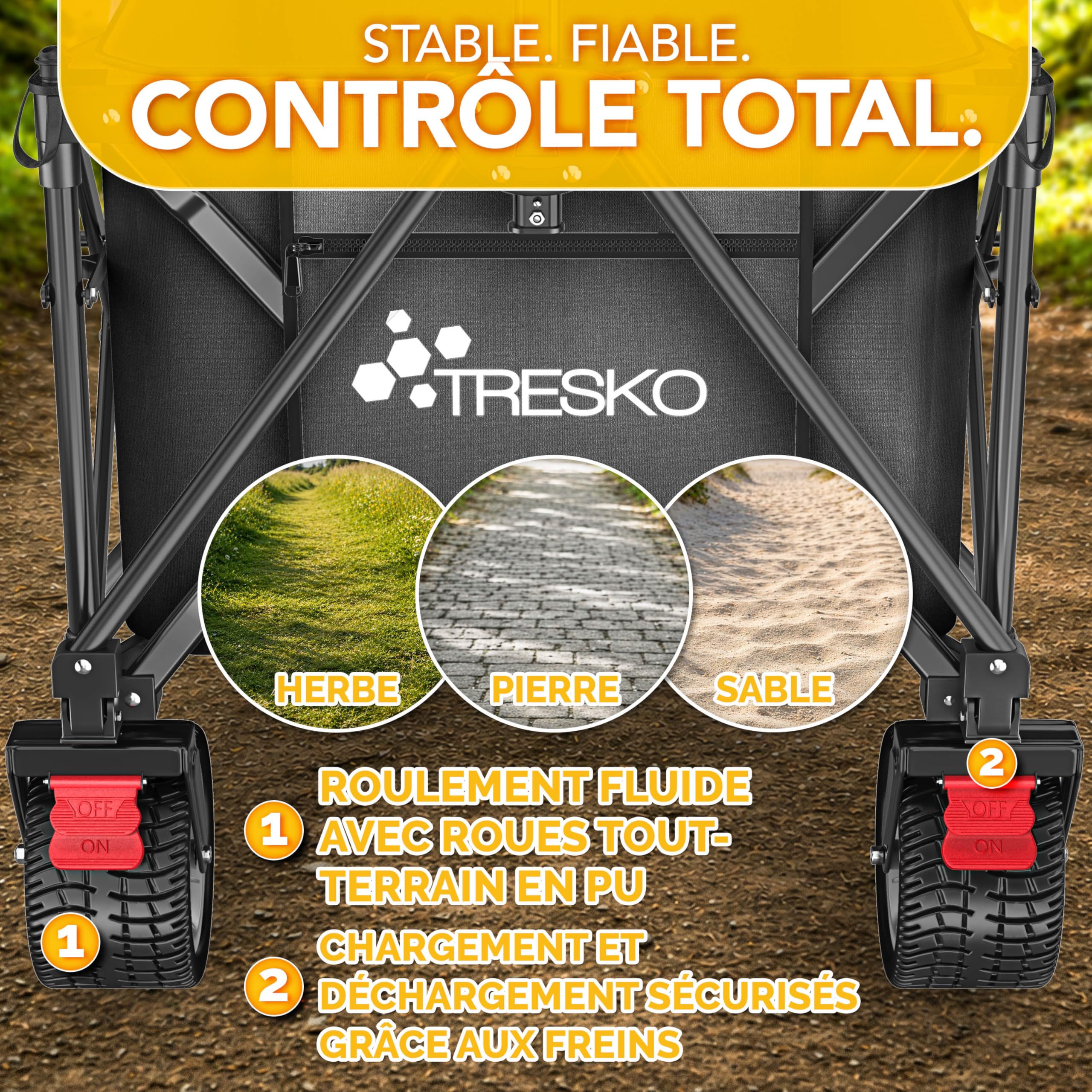 TRESKO® Chariot de transport pliable 215 L avec frein | Chariot à main pliable 150 kg avec pneus en caoutchouc plein | Chariot de plage pliable extra large tout-terrain | Chariot de transport avec sac