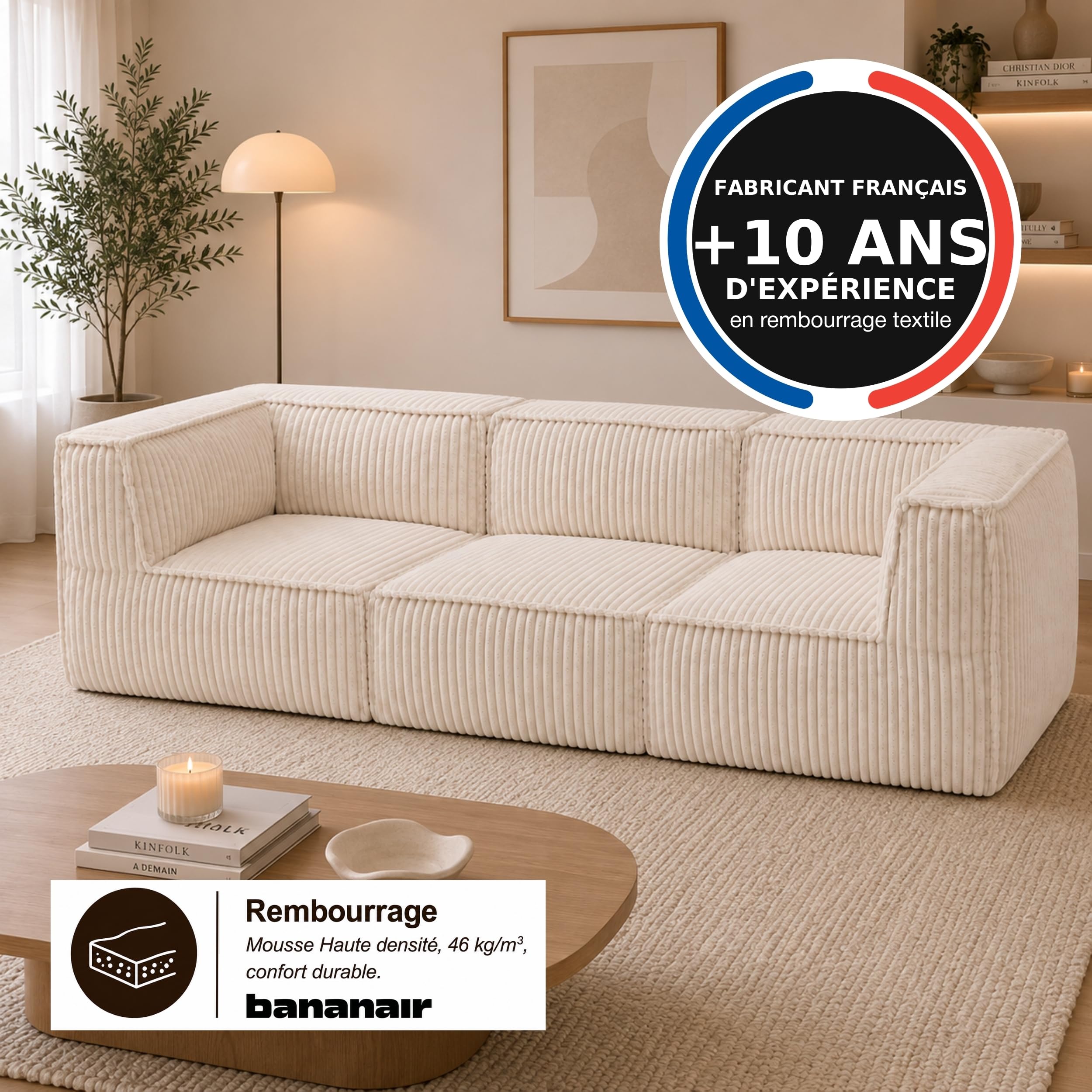 bananair-Canapé Modulable 3 Places avec Accoudoirs,Déhoussable, Blanc cassé