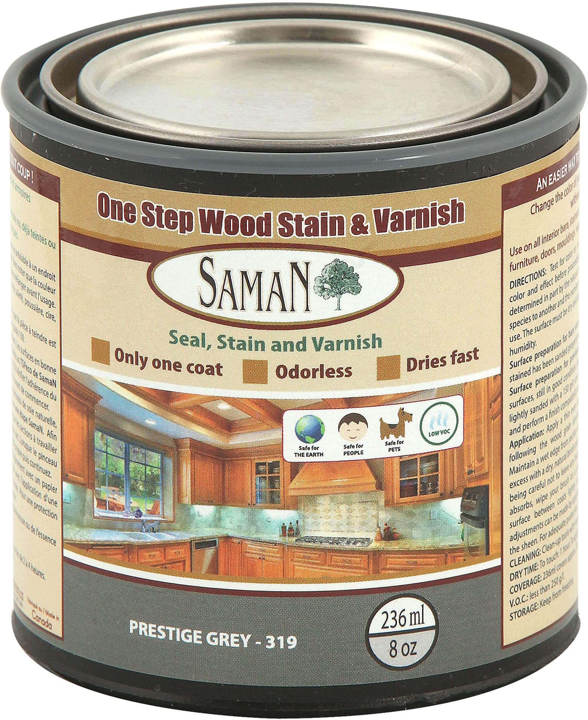SamaN Interior One Step Wood Seal, Stain and Varnish – Oil Based Odorless Dye - Protection for Furniture and Fine Wood (Prestige Grey SAM-319, 8 oz)