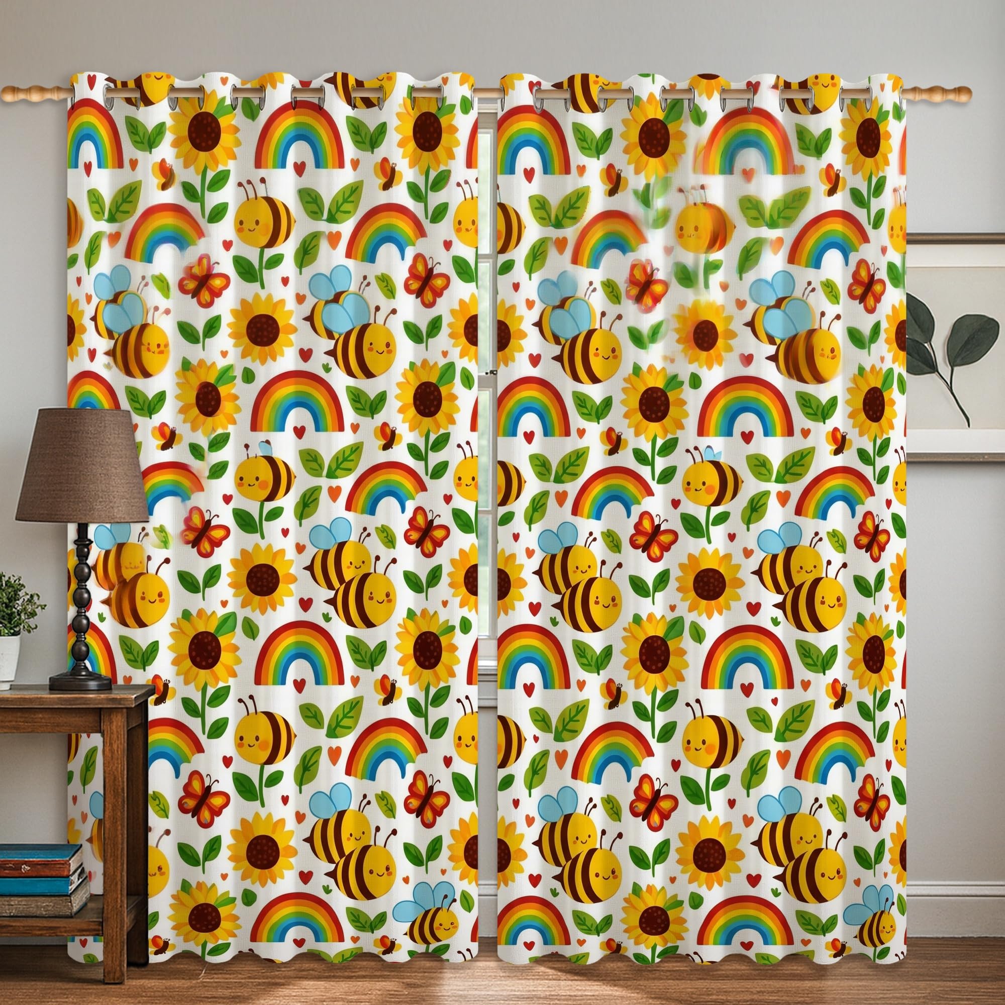Rideaux occultants abeille et tournesol jaune 106x160 cm pour salon et bureau