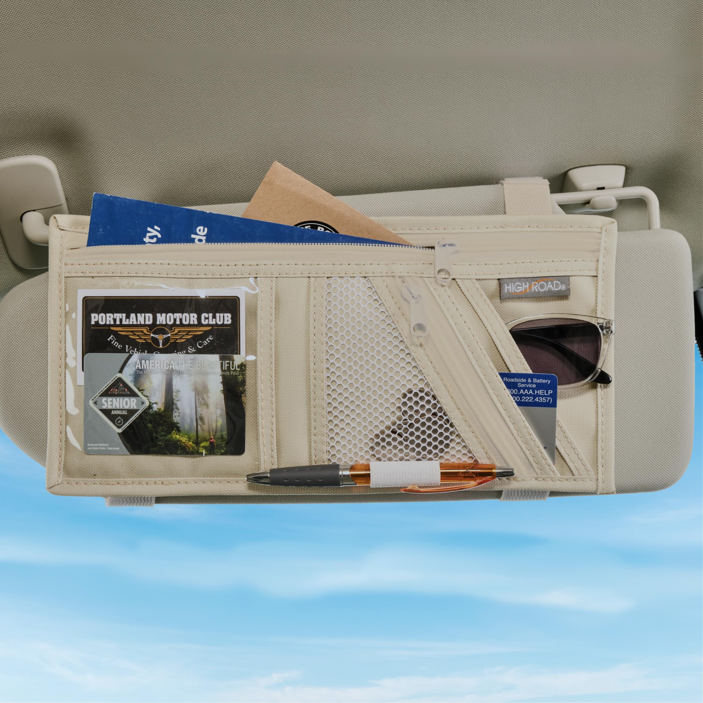 High Road Car Visor Organizer with Secure Zip Pockets, Sunglasses Holder and Clear Registration and Insurance Pocket - Heavy Duty Straps Fit Most Car, SUV and Truck Visors