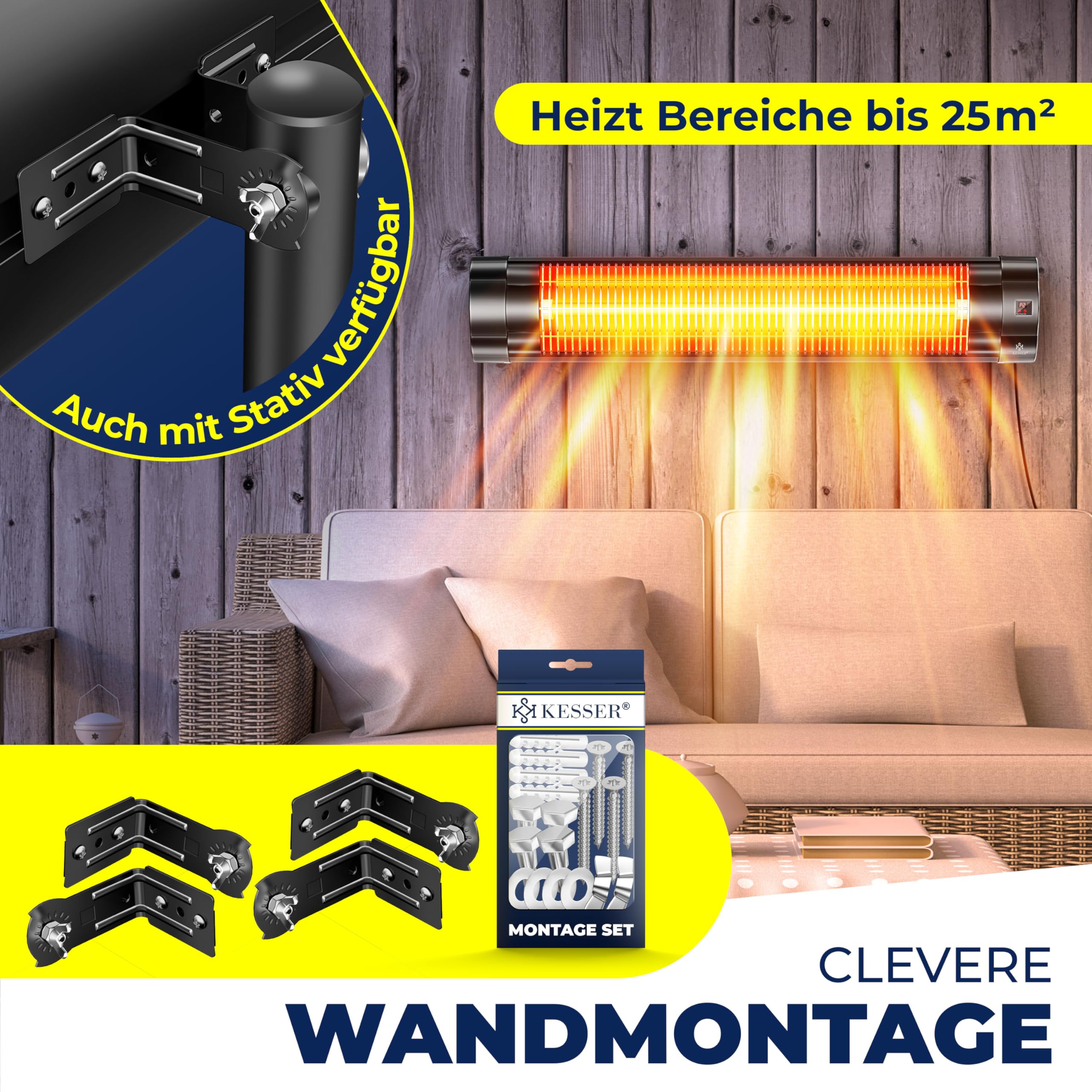 KESSER® Infrarotstrahler 2500 Watt Infrarot Heizstrahler mit Fernbedienung Terrassenstrahler inkl. Schutzhülle Wärmestrahler Quarzstrahler, Wandhalterung Terrassenheizer (Schwarz)