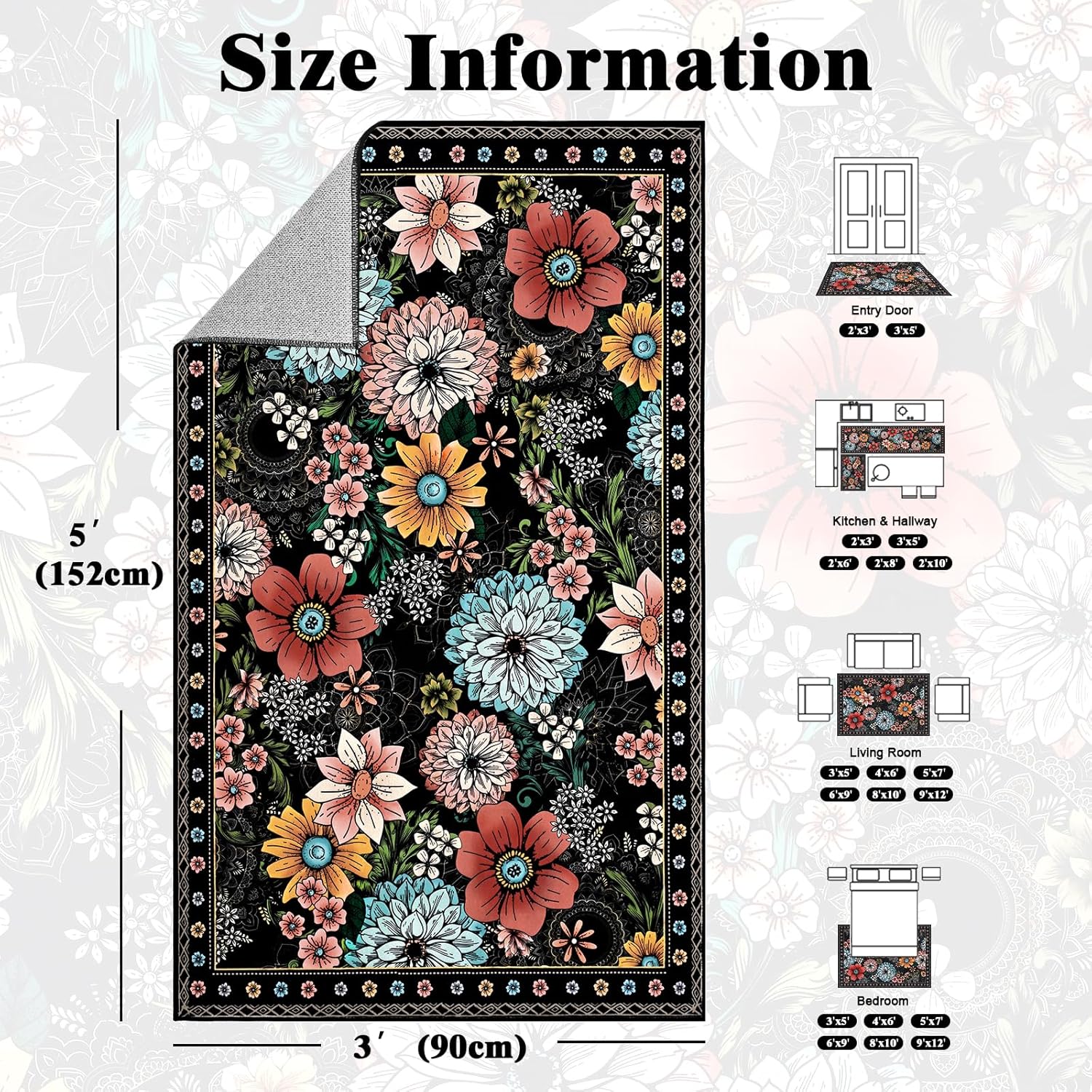 Yinhua Bedroom Rug 3x5 Rug Washable Boho Floral Rugs Non Slip, Black Soft Area Rugs, Low Pile Flowers Carpet for Bedroom, Entryway, Living Room, Dorm, Black