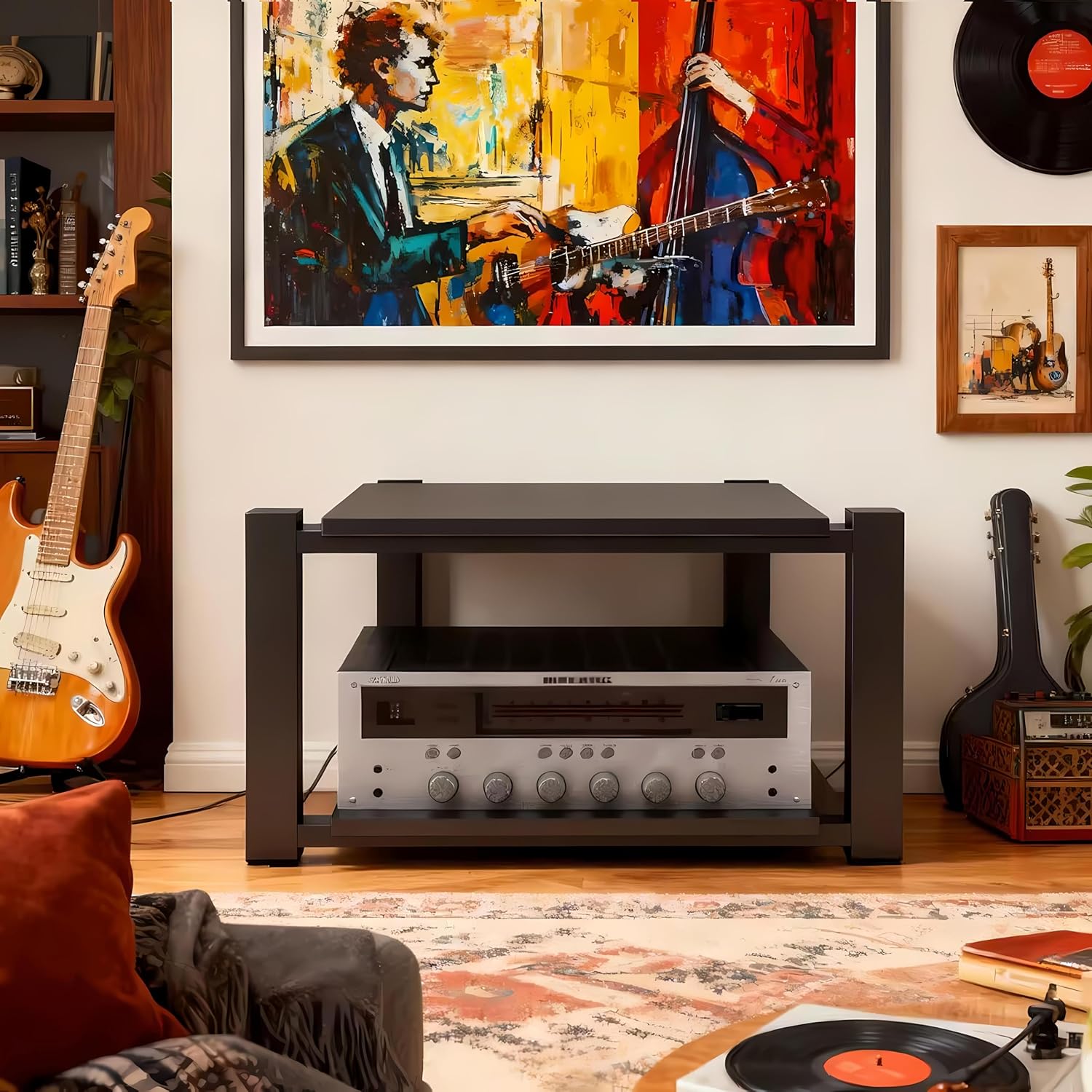 Heavy Duty Audio Rack Tower, Av Media Player Stand with Wooden Shelves, Black Cd Stereo Equipment Cabinet, Suitable for Home,Office/Audio Video/Theate(2 Tier)