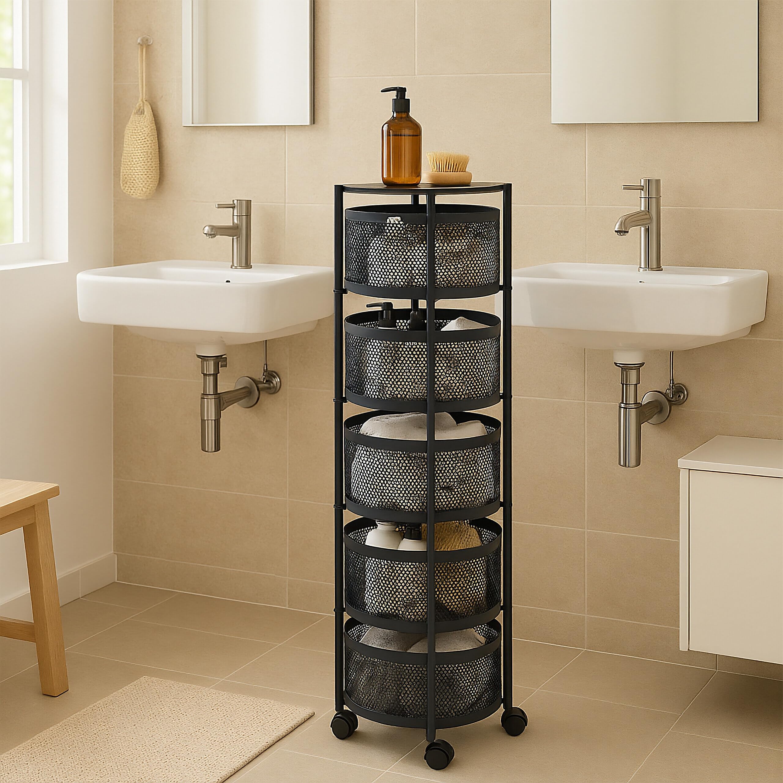 Chariot de Cuisine Relaxdays, 5 Compartiments, H x P : 90 x 34 cm, métal, 2 Freins, Chariot Noir