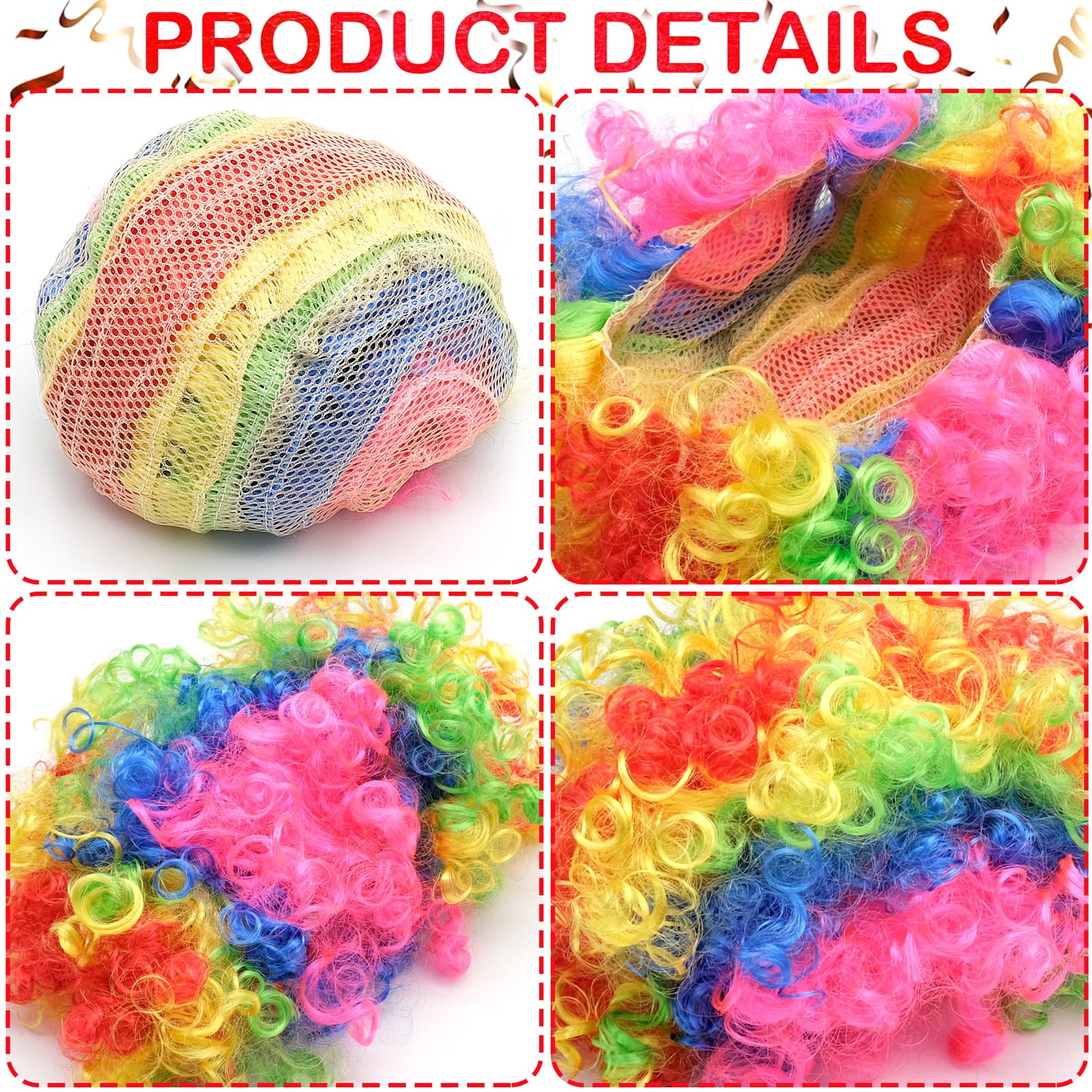 2 Piece Clown Wig, Rainbow Party Wigs Multi Coloured Afro Curly Wigs Bouncy Costume Wigs Party Costume Disco Accessory for Adults - One Size - Image 3