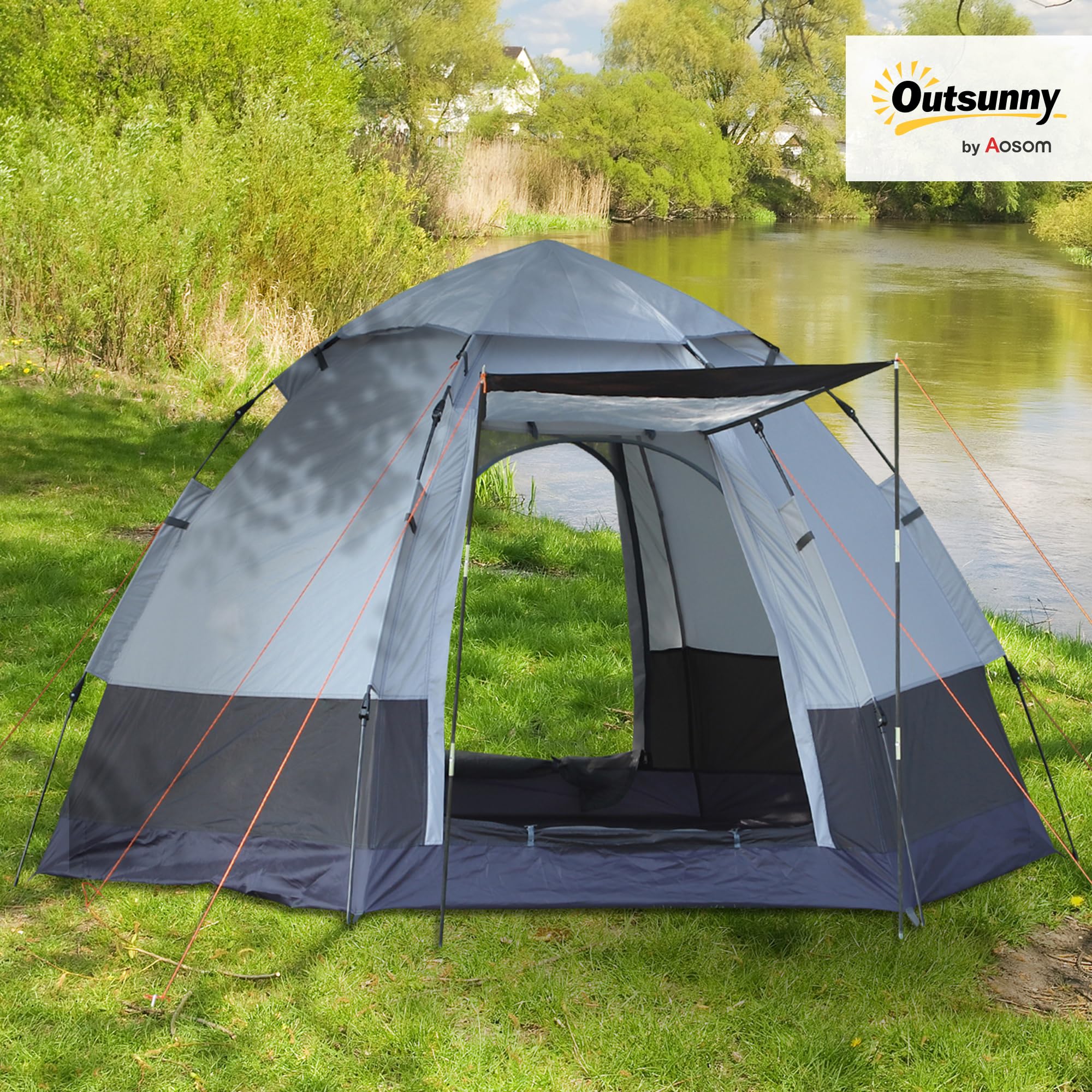 Outsunny Tienda de Campaña para 3-4 Personas Tienda de Camping Plegable con 2 Puertas Impermeable 3000+ Anti-UV Poste Automático Gancho y Bolsas para Senderismo Playa 260x260x150 cm Gris y Negro