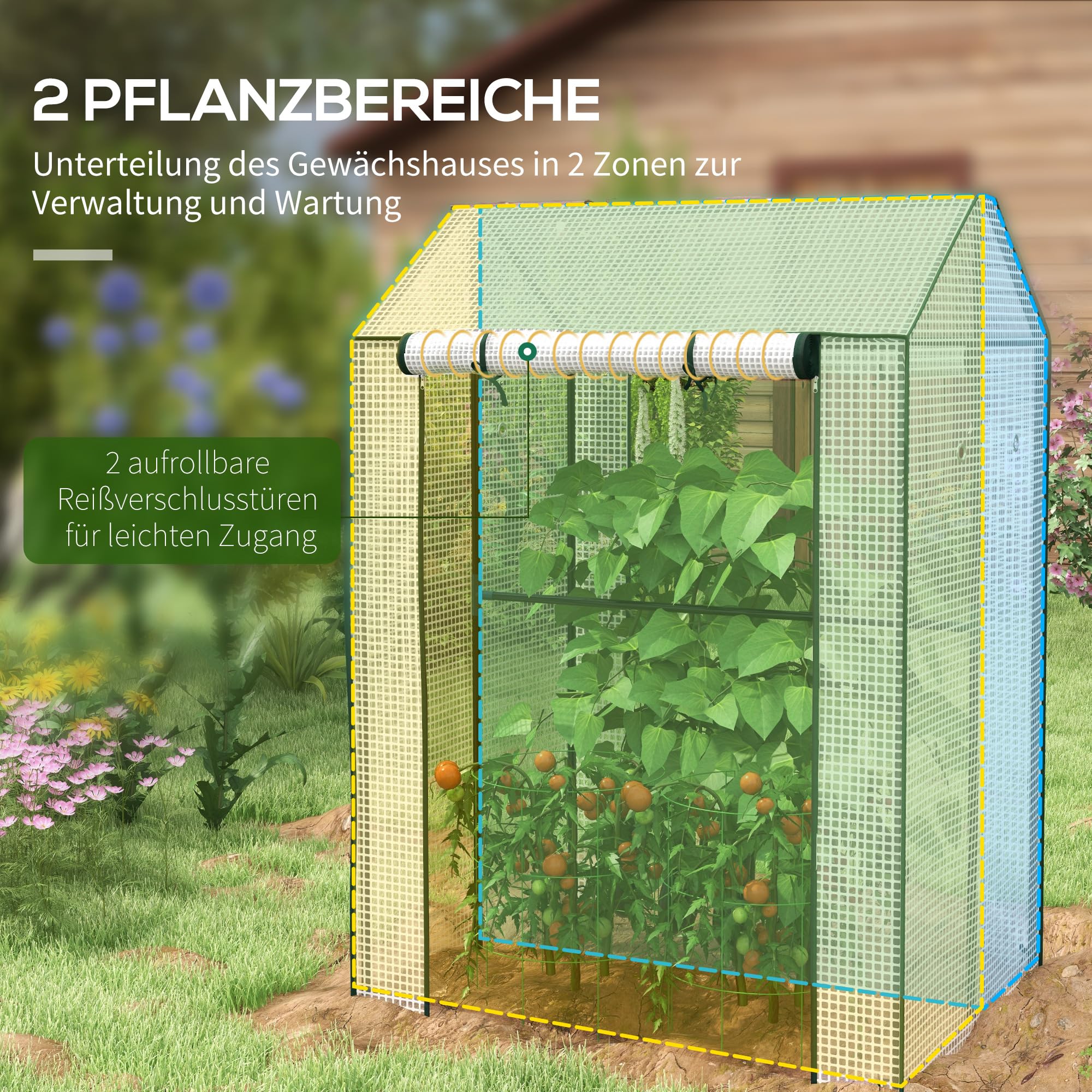 Outsunny Gewächshaus PE-Gitterfolie Aufrollbare Tür 100 x 80 x 150 Weiß