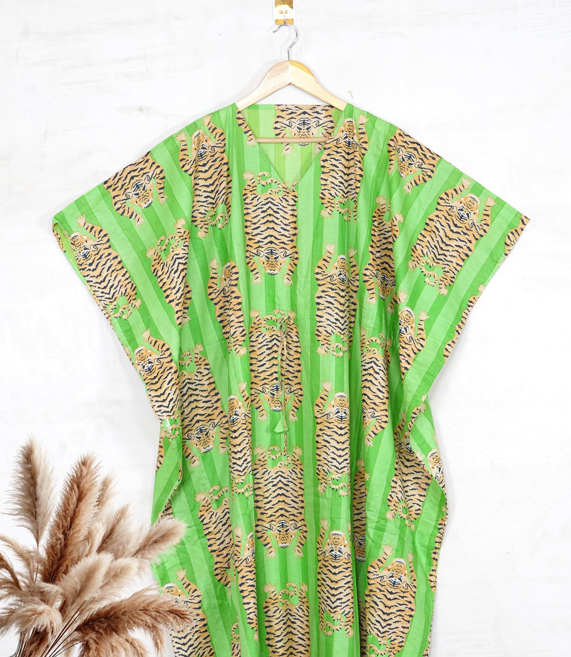 INDACORIFY Tiger Print Kaftan Dress 100% Cotton Printed Long Caftan Maxi Gown Summer Tunic Cotton Night Bikini Coverup (Design 6, Free Size)