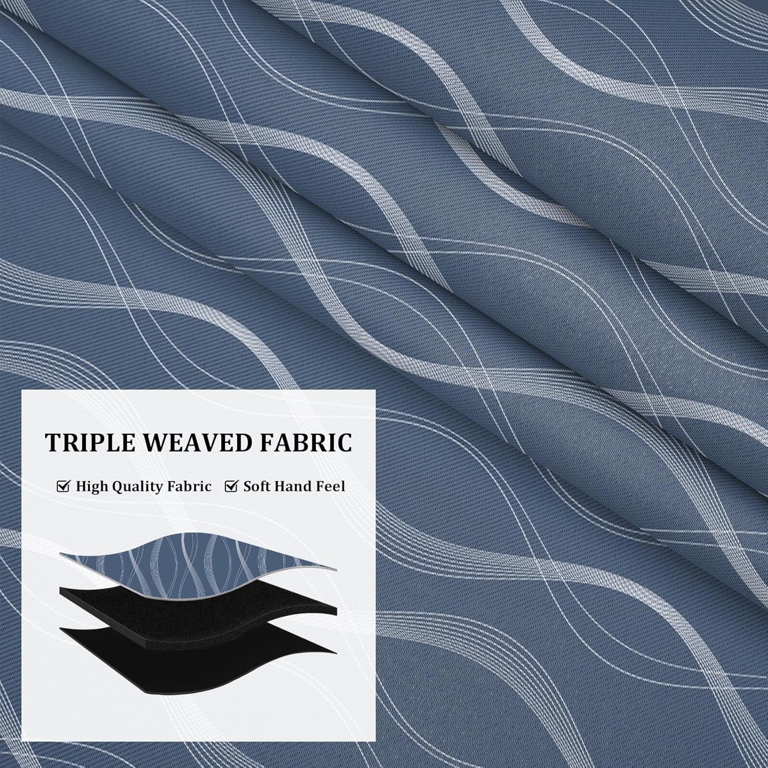 AWERT Wave Lines Blue Blackout Curtains 63 Inches Long 2 Panels Modern Minimalist Window Drapes Room Darkening Thermal Insulated for Bedroom Living Room Each Size 42x63 Inches