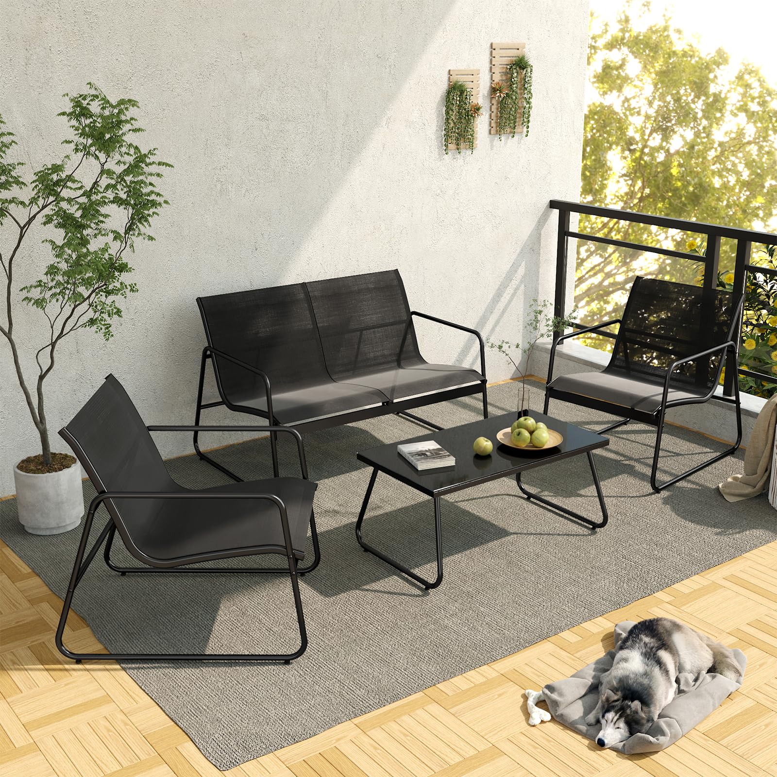 Grand patio Ensemble de Mobilier d'extérieur, 4 PC, Chaises du Porche, 3 Chaises et 1 Table en Verre, Textile, Meubles Terrasse pour Toutes Les Saisons, Maison, Jardin et Extérieur (Noir, Large)