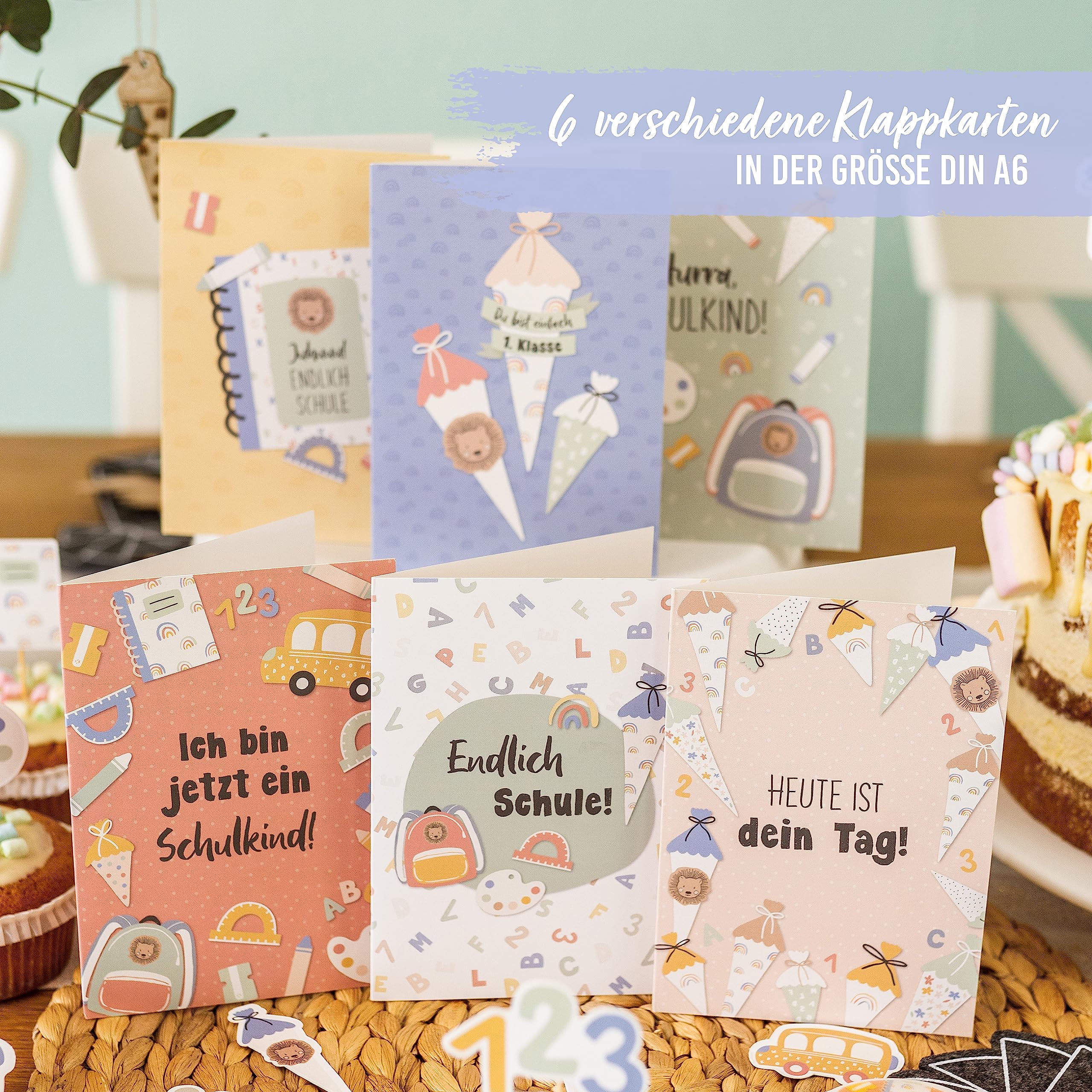 Papierdrachen 6 folding greeting cards including envelope and 6 stickers for school enrolment greetings for the school child child-friendly greeting cards for the beginning of school pastel - Image 2