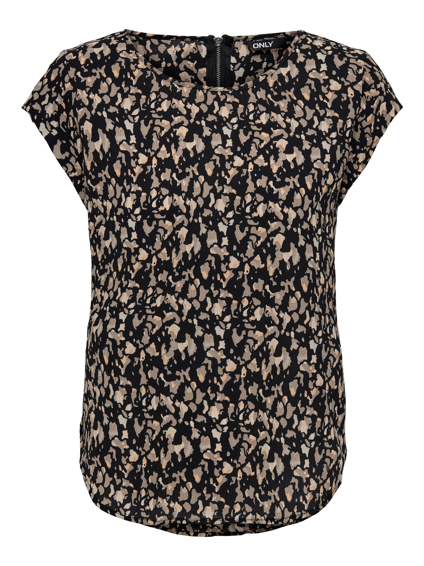 ONLY ONLVIC Women's Printed Short Sleeve Blouse Print Basic Crew Neck T-Shirt Blouse Top, Black/AOP: cora Graphic, 8