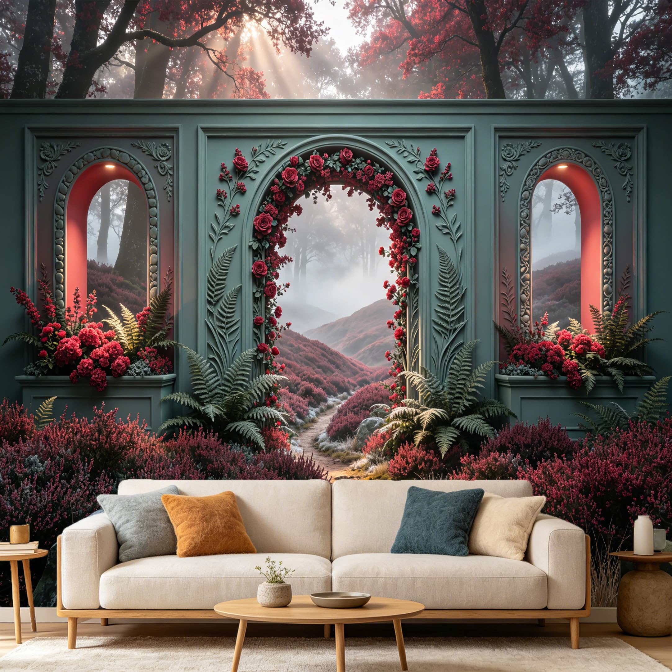 Custom Size Wall Mural Romantic Red Rose Archway Misty Forest Landscape， SelfAdhesive Art Prints wall Fabric Removable Large Wallpaper Home Living Room Decor