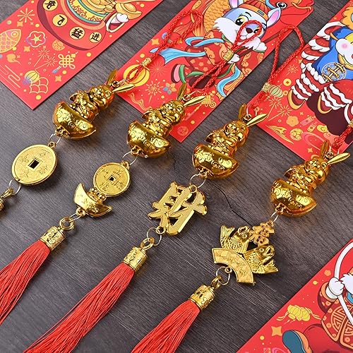Miniatura 6 de VAIPI 11 dijes de conejo de Año Nuevo chino 2023 con nudo chino rojo de la suerte monedas de cobre lingotes dorados decoraciones de moneda china