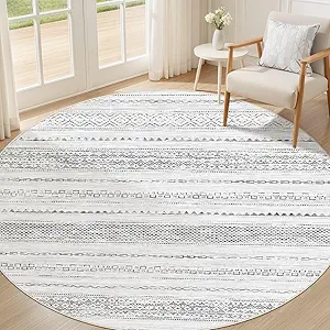 Nakagishi Round Rug Boho Area Rugs: 5x5 Washable Large Circle Neutral Soft Stain Resistant Non-Slip Carpet for Women Aged 25-45 Farmhouse Decor Enthusiasts - Living Room Bedroom Dining Room Nursery