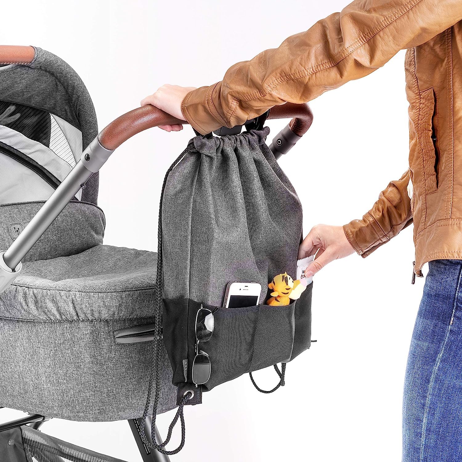Zamboo Borsa Passeggino Universale - Borsa Organizer Passeggino con Ganci per Maniglione - Borsa Carrozzina Neonato - Grigio Nero