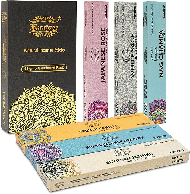 raajsee Incense Sticks 6 Pack Variety Set 15gm Each, Nagchampa -Jasmine - vanila-Japanese Rose-White Sage, 100% Organic Hand Rolled- Perfect for Yoga, Meditation,Aromatherapy