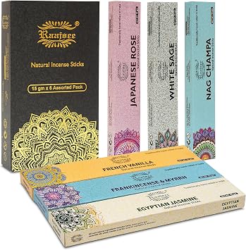 raajsee Incense Sticks 6 Pack Variety Set 15gm Each, Nagchampa -Jasmine - vanila-Japanese Rose-White Sage, 100% Organic Hand Rolled- Perfect for Yoga, Meditation,Aromatherapy