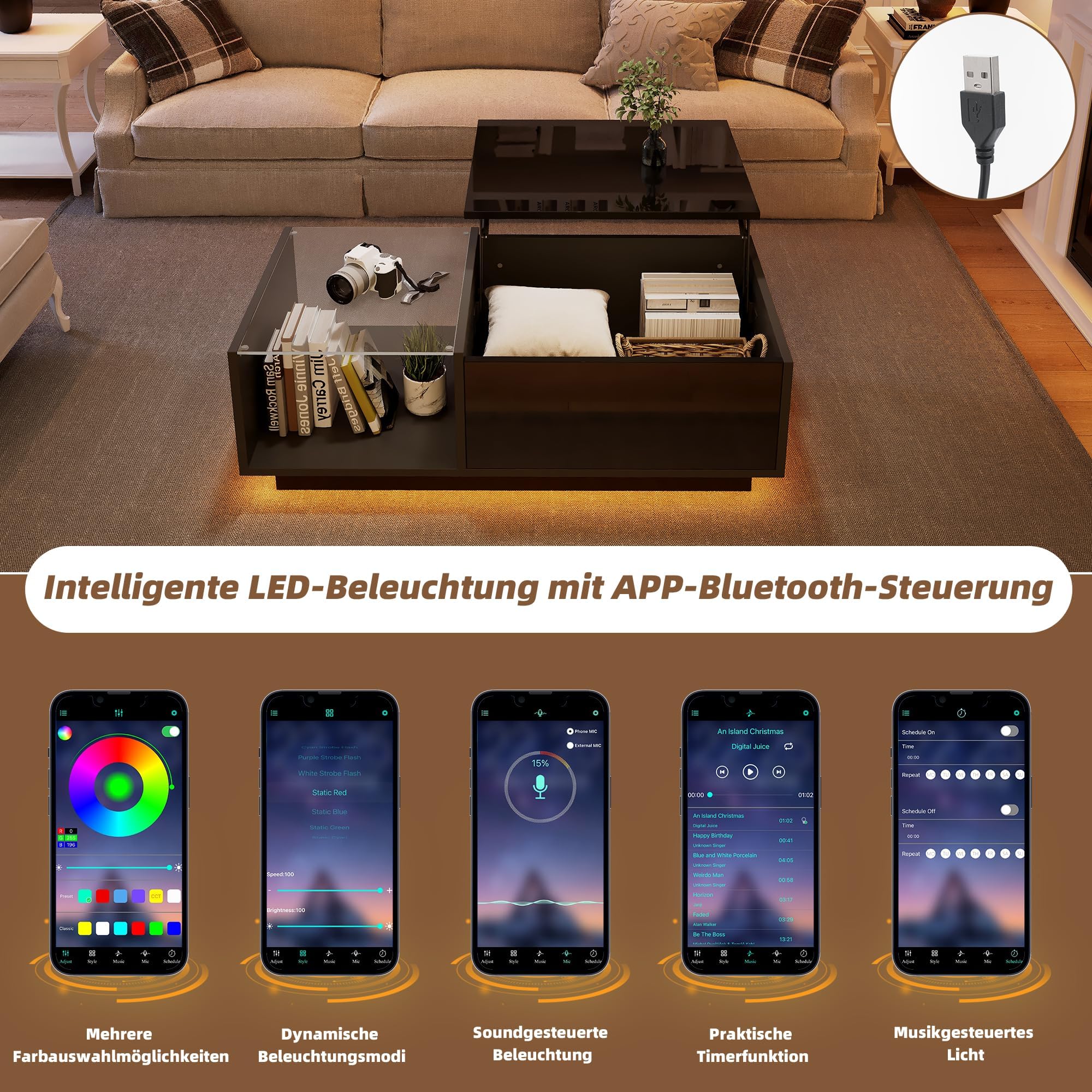 okwish Couchtisch Höhenverstellbar mit LED & Stauraum, Schwarz Hochglanz