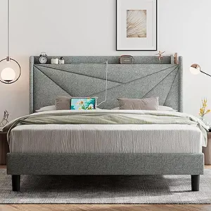 Feonase King Size Bed Frame with Charging Station, Upholstered Bed Frame with Wingback Storage Headboard, Solid Wood Slats Support, No Box Spring Needed, Light Gray