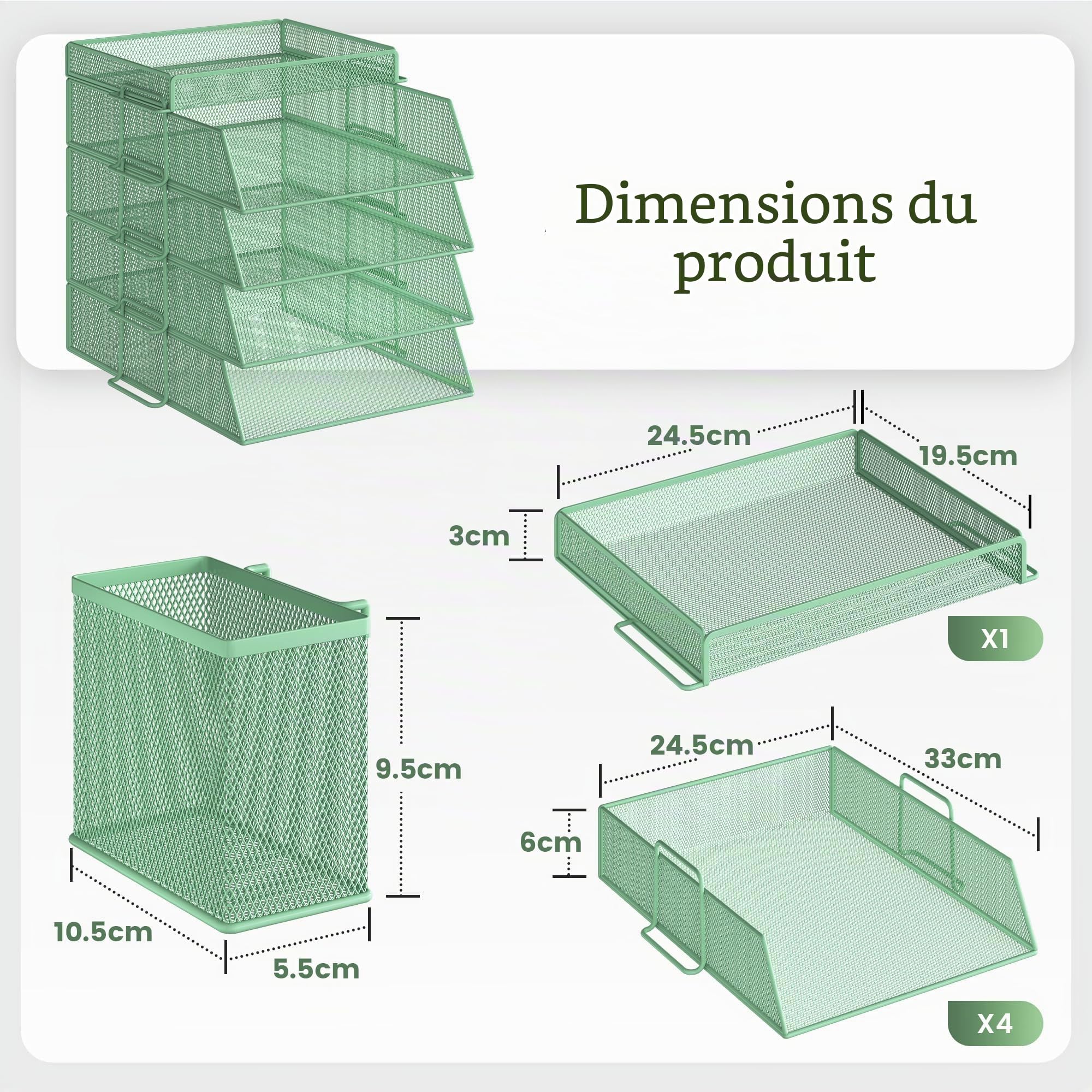 Corbeille à courrier empilable à 4 Niveaux pour Bureau, Organiseur de Bureau, bacs à dossiers pour Accessoires de Bureau, Accessoires pour courrier avec Porte-Stylo - Vert