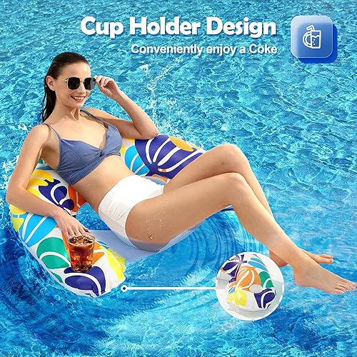 Miniatura 4 de Paquete de 2 flotadores inflables para piscina, flotante, viene con dos portavasos y reposacabezas ergonómico, ideal para fiesta en la piscina, río,