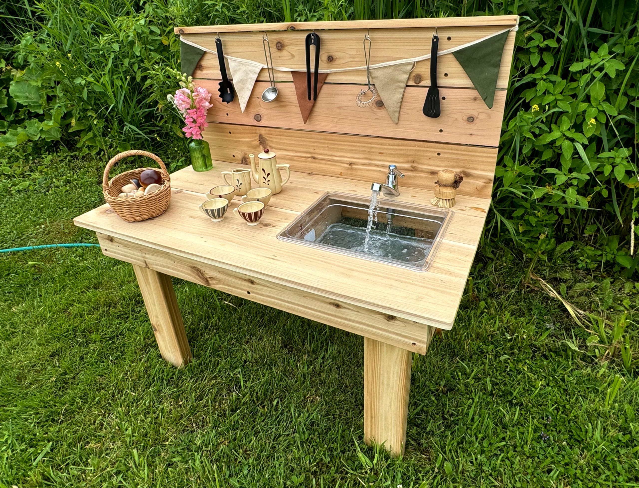 Noble Toys Mini Mud Kitchen with Functional Sink for Kids | Pretend Play Toddler Table with Running Water | Outdoor Playset Working Sink | Real Wooden Kitchens | Preschool Equipment