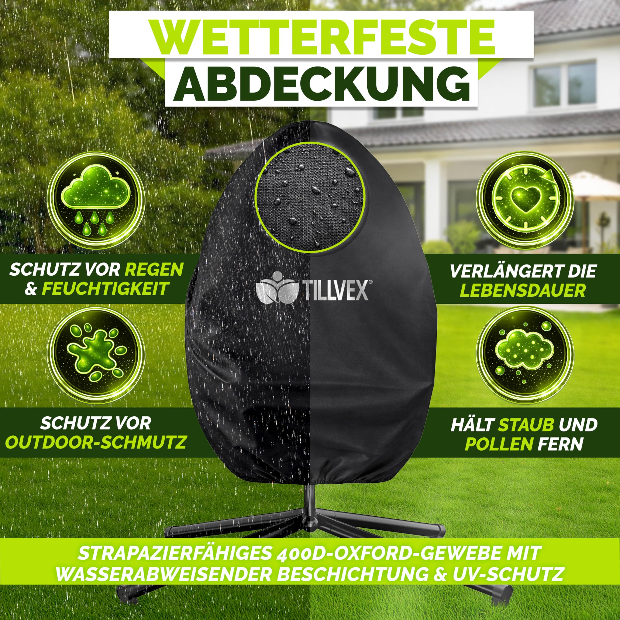 tillvex® Hängesessel mit Gestell Outdoor & wetterfester Abdeckung inkl. Befestigung | Hängekorb klappbar bis 150 kg | Hängesitz aus Rattan | Hängestuhl für Indoor Garten Balkon Terrasse (Taupe)