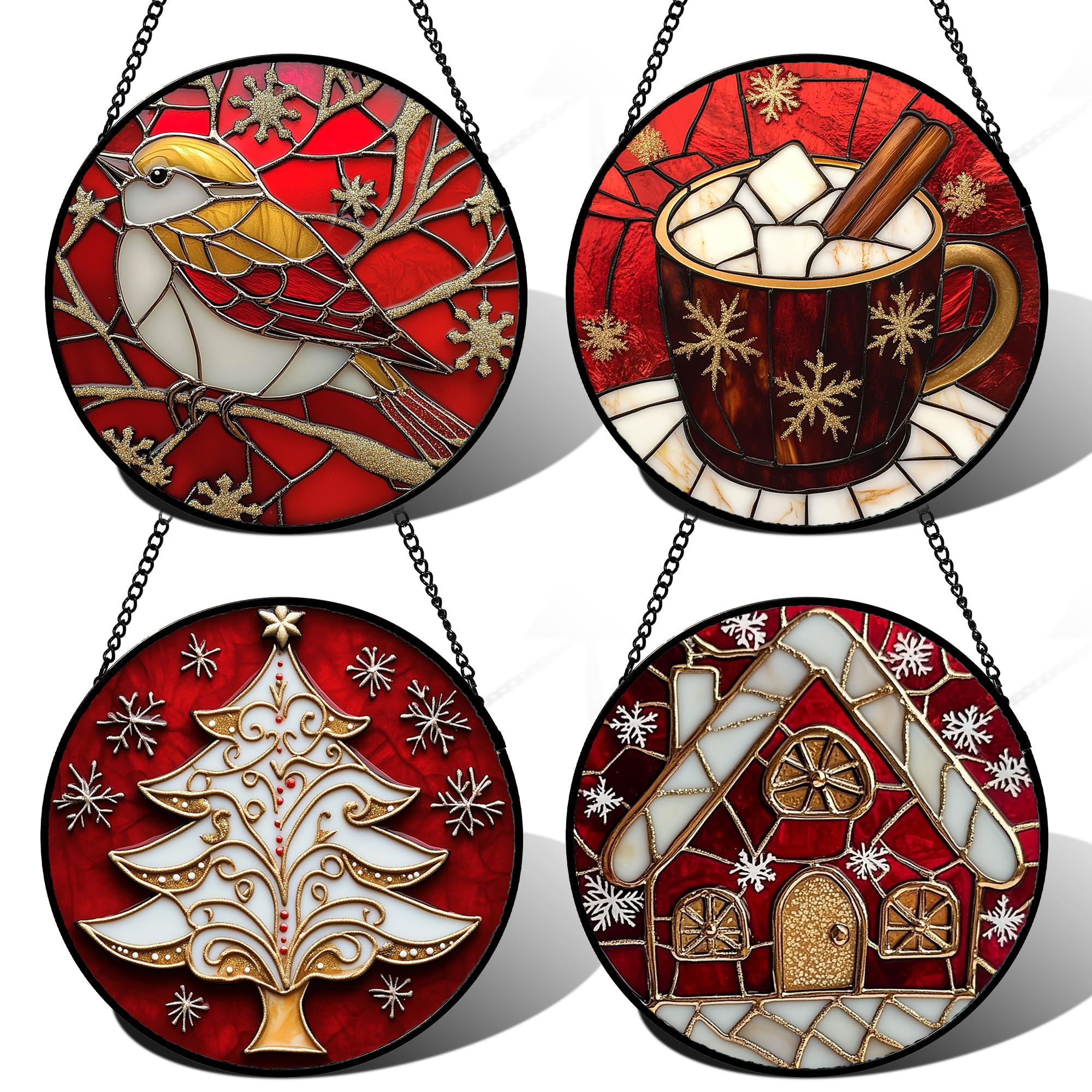 DASTOLL Stained Glass Window Hanging 4 Pcs Set Red Christmas Themed Decorations 6.3" - Suncatcher Door Garden Sun Catcher Decor Birthday New Year for Mom Woman Nana Men