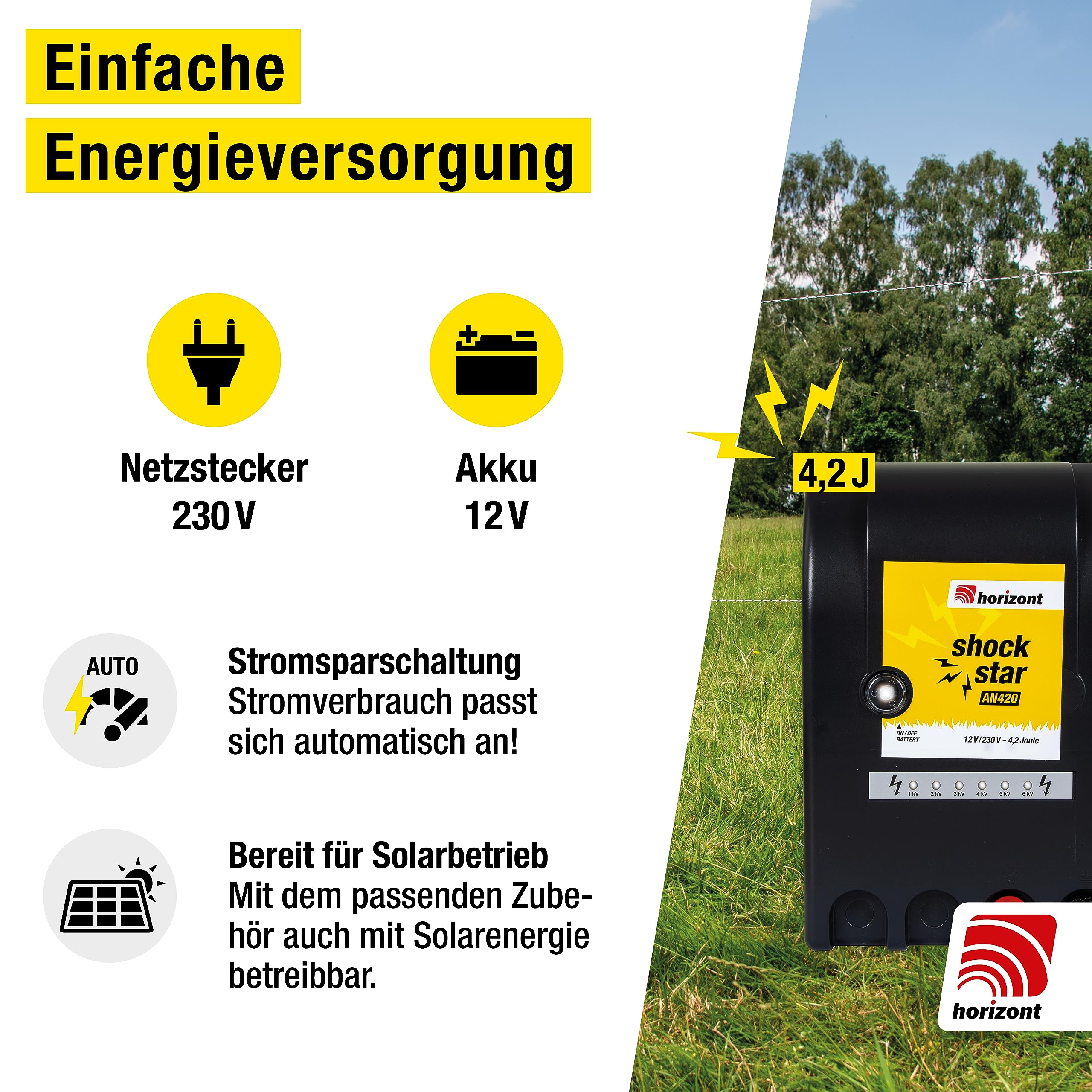 horizont Urządzenie do pastwiska 12 V/230 V Shockstar AN420 – urządzenie wielofunkcyjne – do ogrodzenia o długości 25 km i 12 ogrodzeń elektrycznych (50 m) – urządzenie do ogrodzenia pastwiskowego z