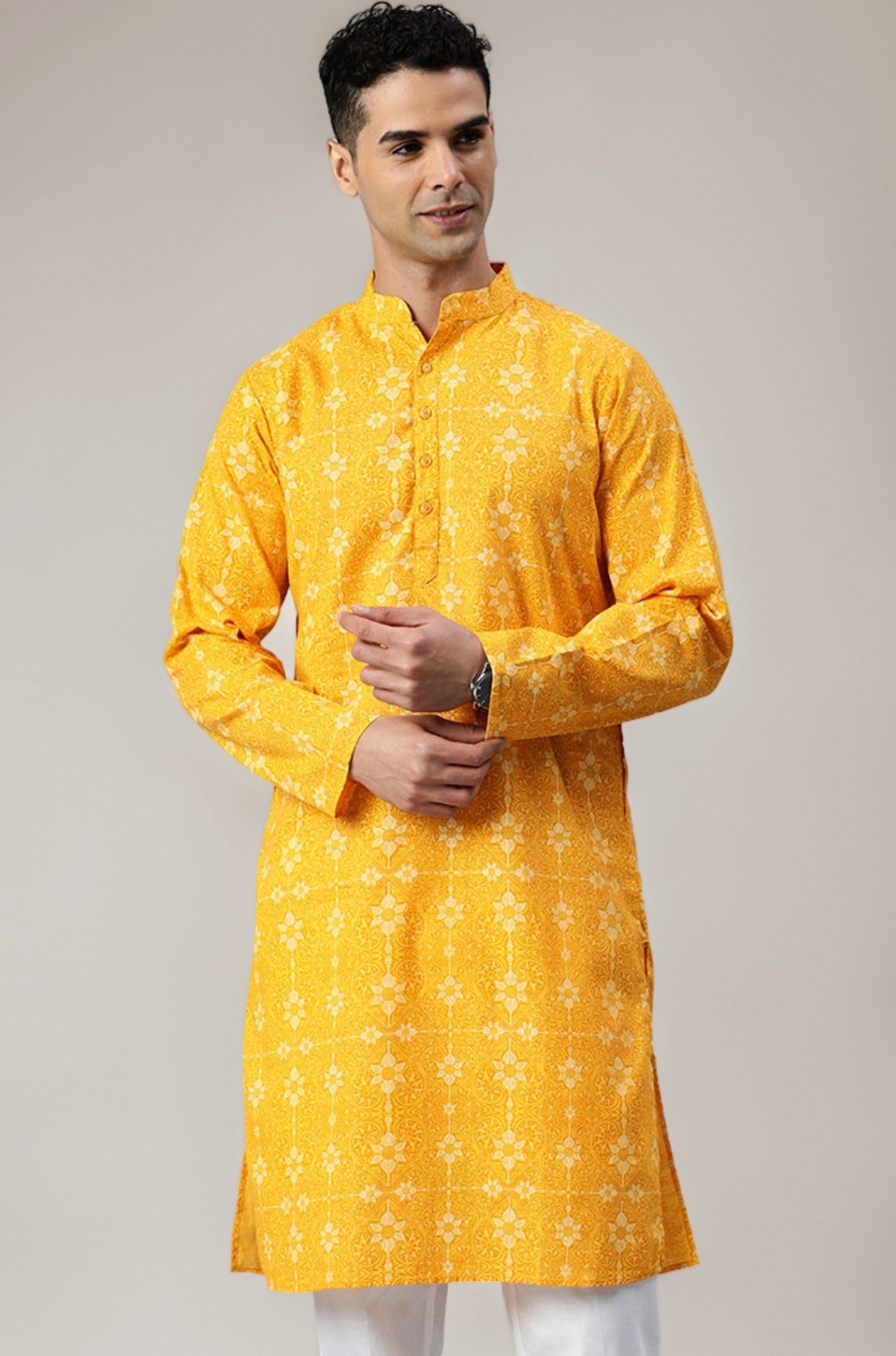 Majestic Man Men's Cotton Regular Fit Casual Mandarin Collar Ethnic Motifs Printed Long Regular Kurta