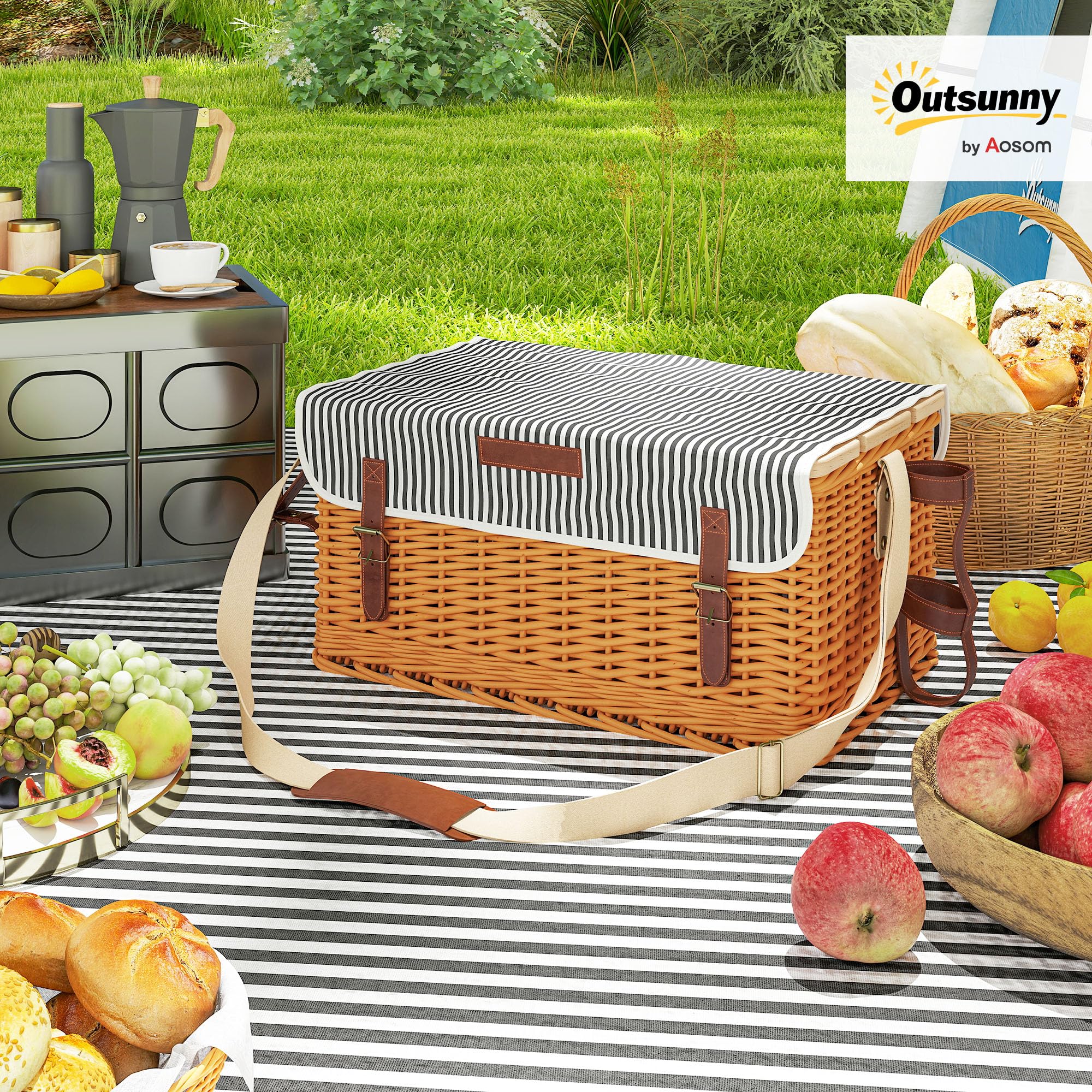 Outsunny Panier Pique-Nique en Osier 4 Personnes avec Table à vin en pin, Panier de Pique-Nique avec Sangle Ajustable pour extérieur, Camping, fête, Anniversaire, Noël, Marron Clair
