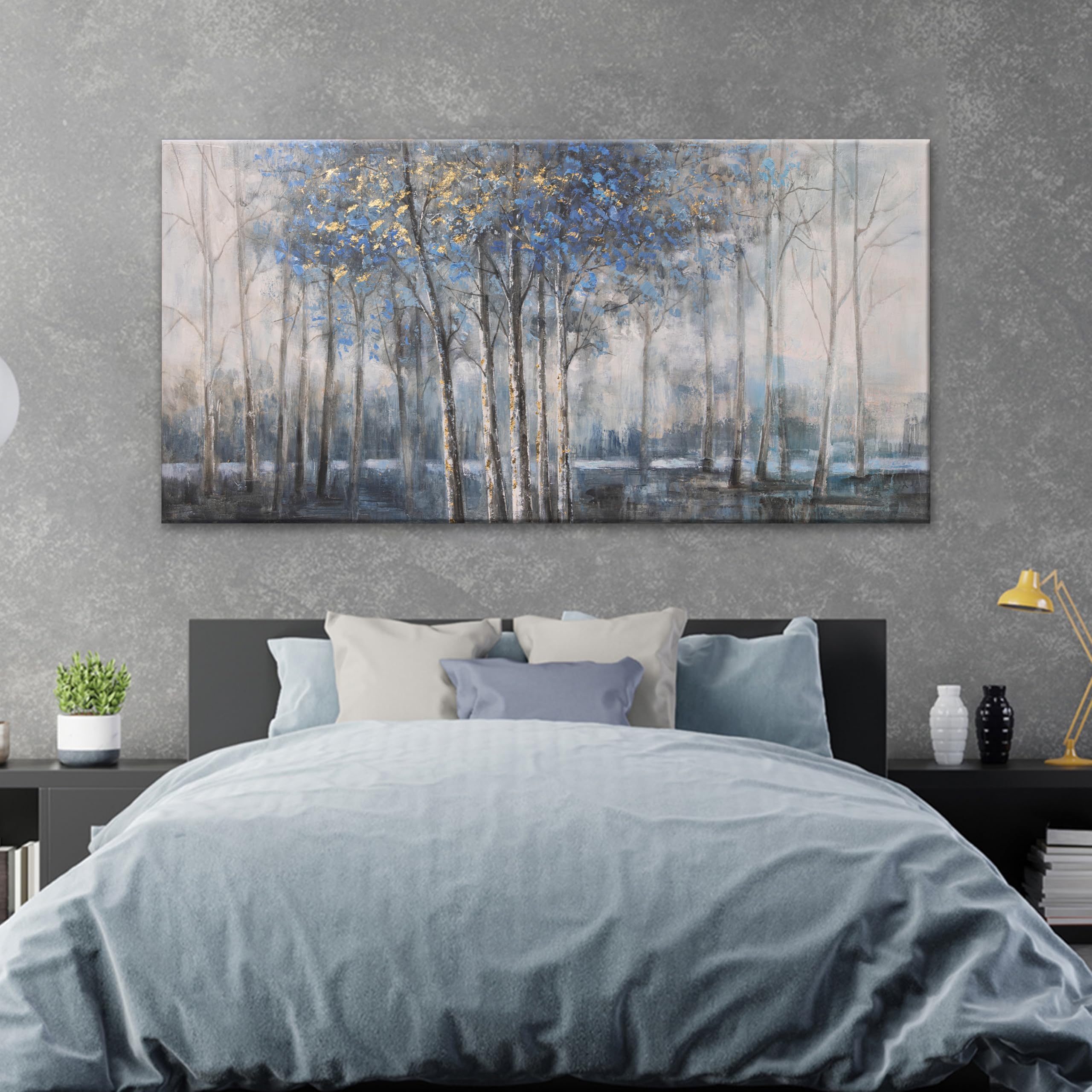 Aefouu No Frame Modern Wall Art Decor Prints Gold Wall Art Pictures Blue Grey Misty Botanical Textured Artwork For Walls For Living Room(30X60cm/12X24in/Frameless)
