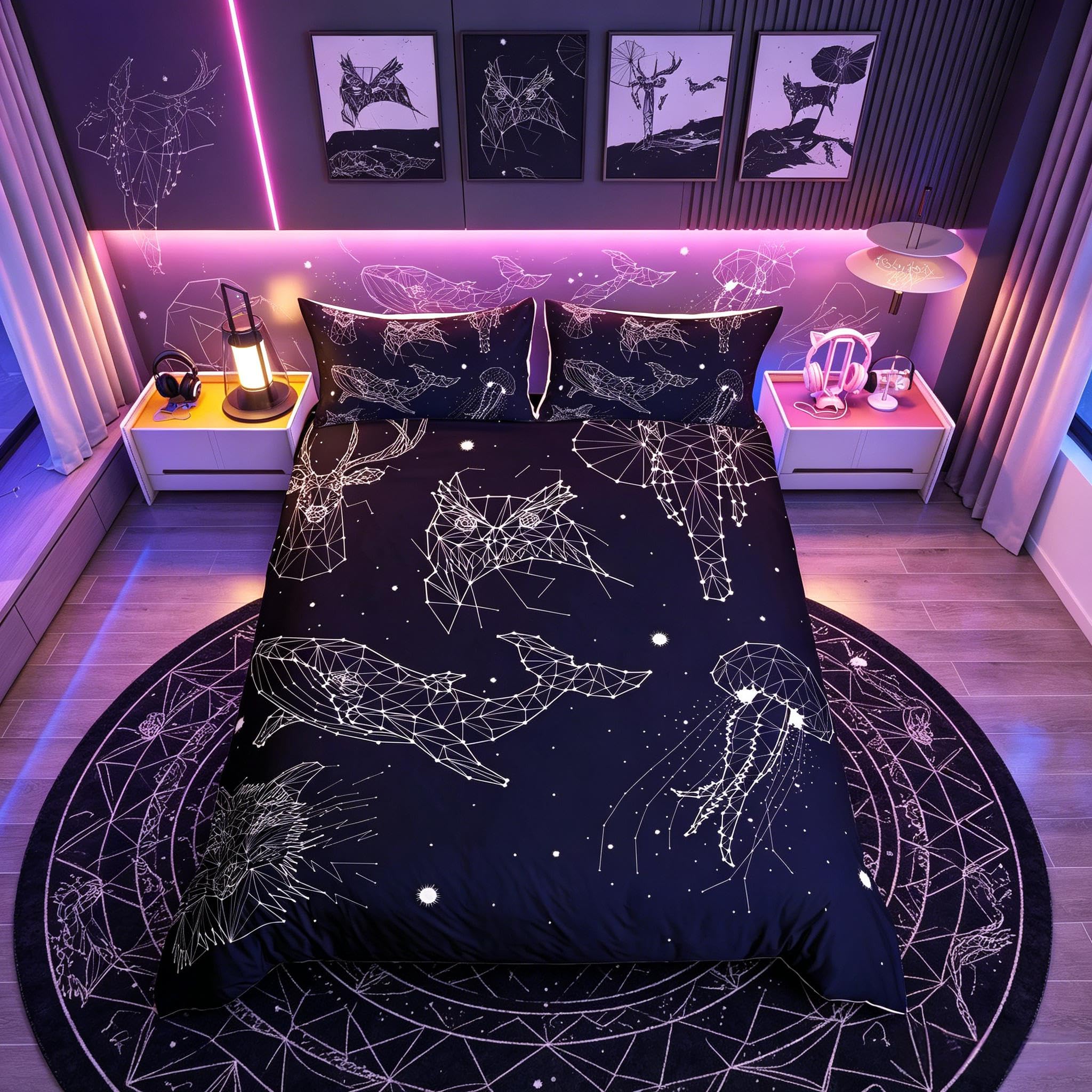 Loussiesd Whale Duvet Cover Elephant Deer Jellyfish Wolf Bedding Set For Kids Boys Girls Children Galaxy Comforter Cover Ultra Soft Starry Sky Constellation Decor Bedspread Cover Double Size Zipper