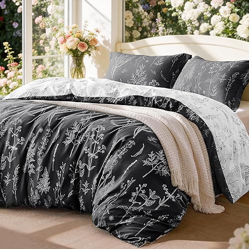 Love's cabin Black Queen Comforter Set - Queen Size Comforter Set, 3 Pieces Cute Floral Bedding Sets for All Seasons,1 Soft Reversible Botanical Flowers Comforter and 2 Pillow Shams