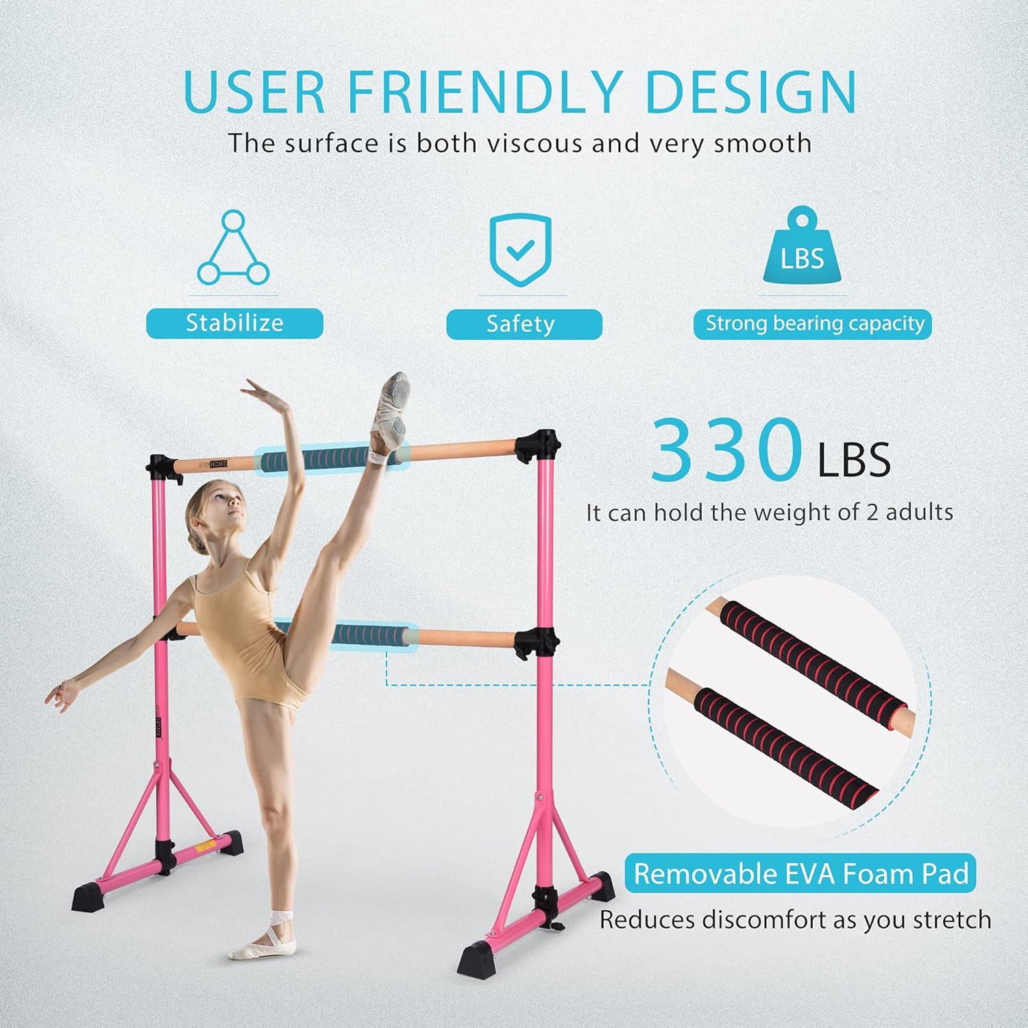 VIVOHOME Portable Anti-Slip 4ft Adjustable Ballet Barre Bar with Beechwood, EVA Pad for Home Gym Double Stretching Freestanding Dance Equipment 330LBS Capacity Stable Pink : Sports & Outdoors