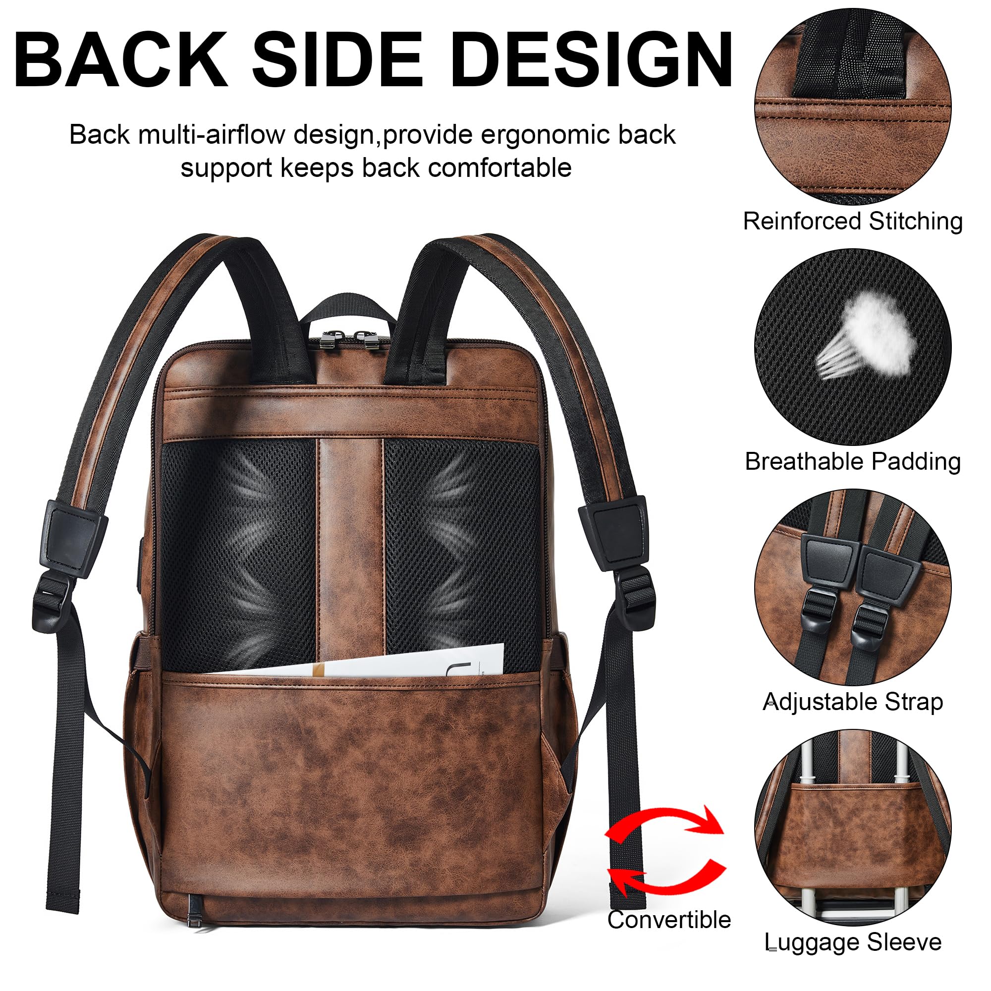 Shrrie Mochila de piel vegana para portátil de 16 pulgadas con cargador USB, ligera e inteligente parade para hombre y mujer para negocios, trabajo, oficina y universidad, Bicolor Marrón