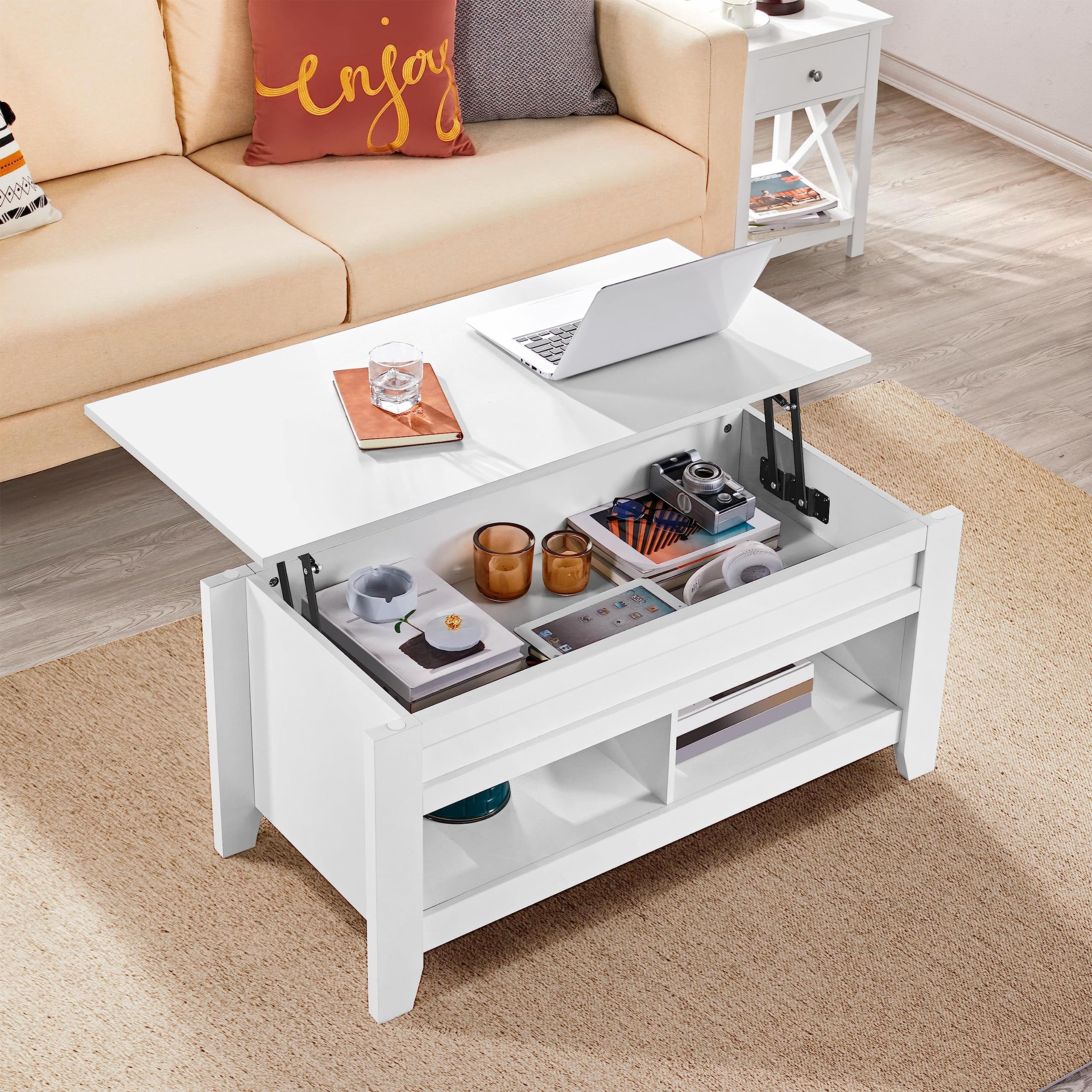Yaheetech Lift Top Coffee Table with Hidden Storage Compartment & Lower Shelf, Dining Center Table for Living Room Reception Room, 41in L, White