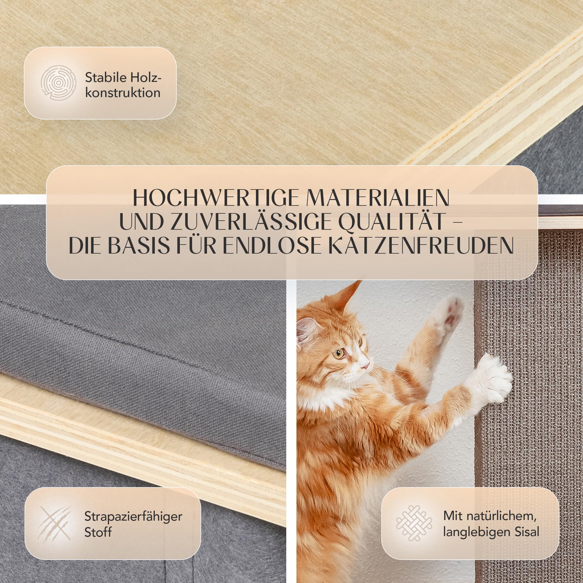 Premium Kratzbaum, für große Katzen, stabil, extra Dicker Stamm, Katzenbaum Holz, große Liegeflächen und Höhle, 95 cm, grau, modernes Design, Katzenkratzbaum Natur-Optik